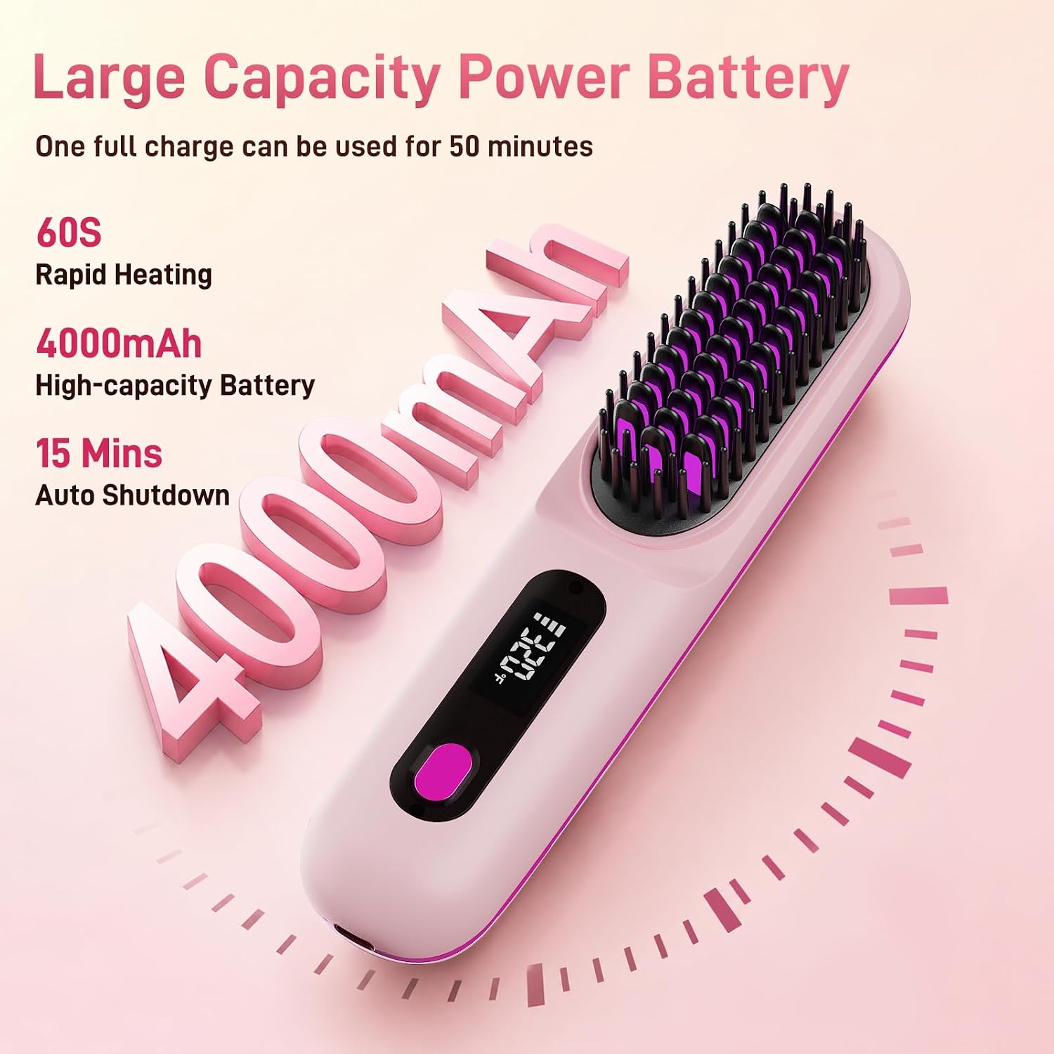 Go Brush Pro Hair Straightener Brush, 2026 Upgraded Cordless Straightening Brush, MCH Fast Heating, 3 Temp Settings, 4000mAh Type-C Rechargeable Portable Travel Styling Tool (Pink)
