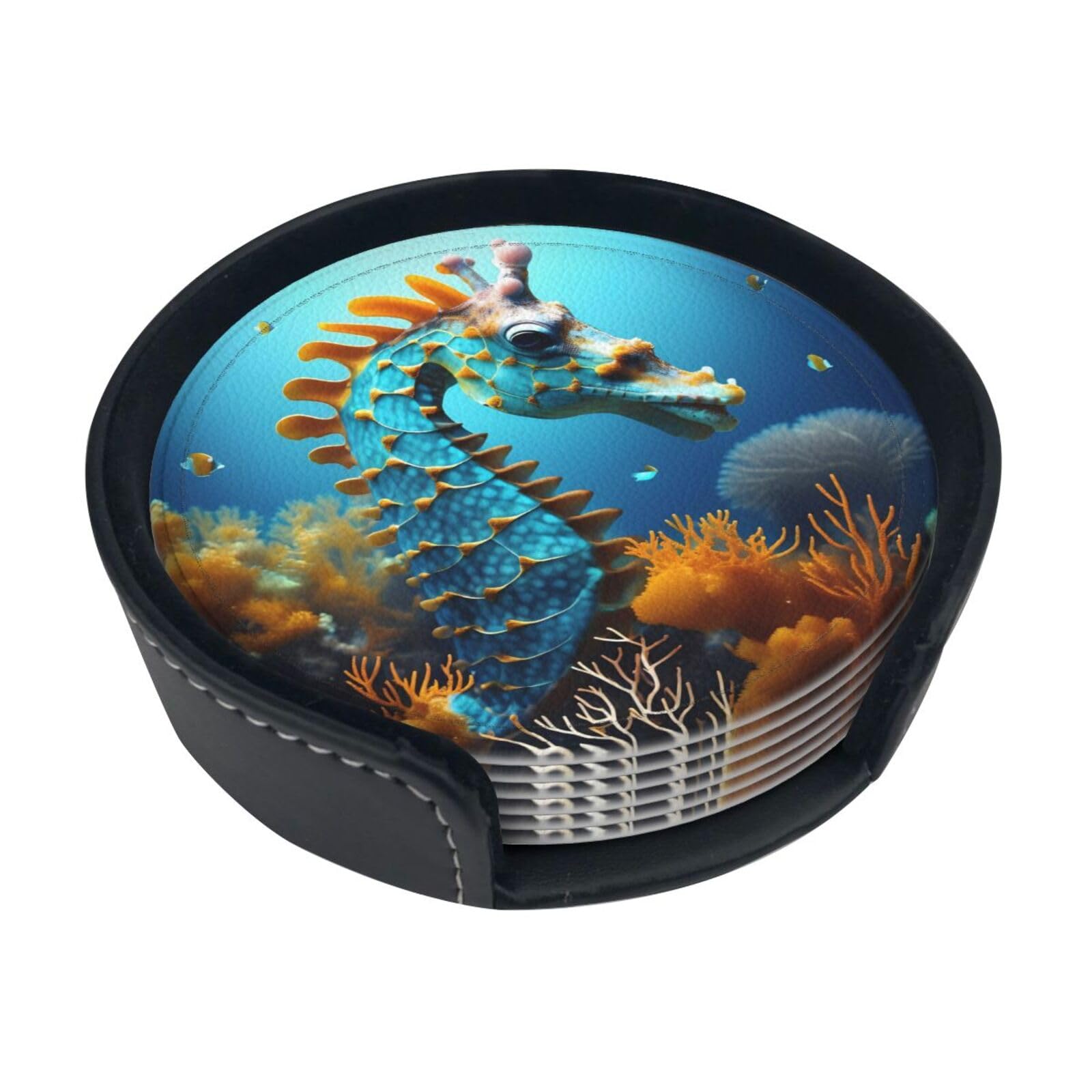 Cntdbu White Blue Seahorse Leather Coasters Set Of 6-Pu Leather Drink Mats For Table, Heat Resistant Round Coasters With Holder