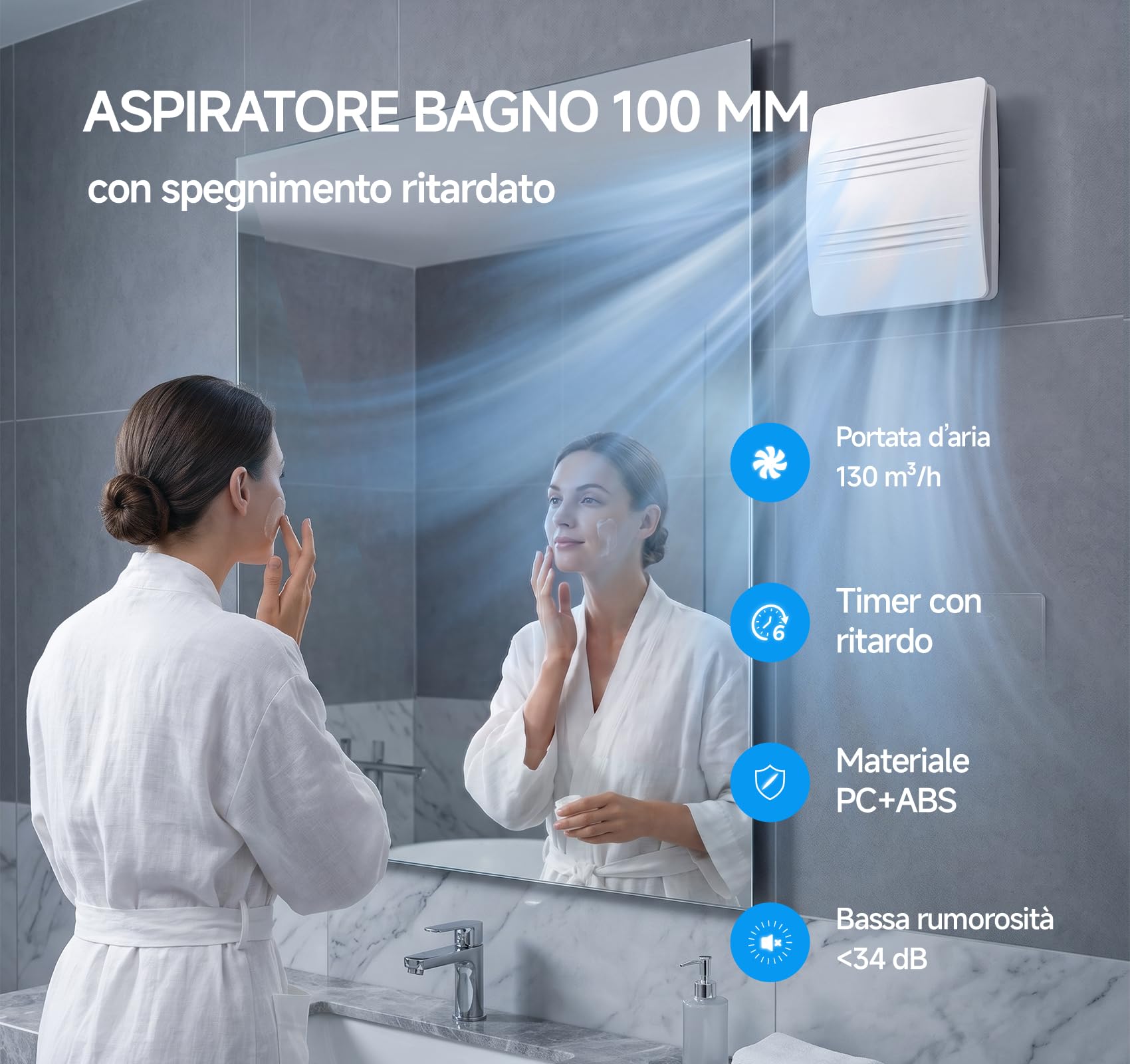 MOCINE Aspiratore bagno 100 mm con temporizzazione | Tempo di funzionamento regolabile su 6 livelli con display integrato, ventilatore WC silenzioso contro umidità e odori