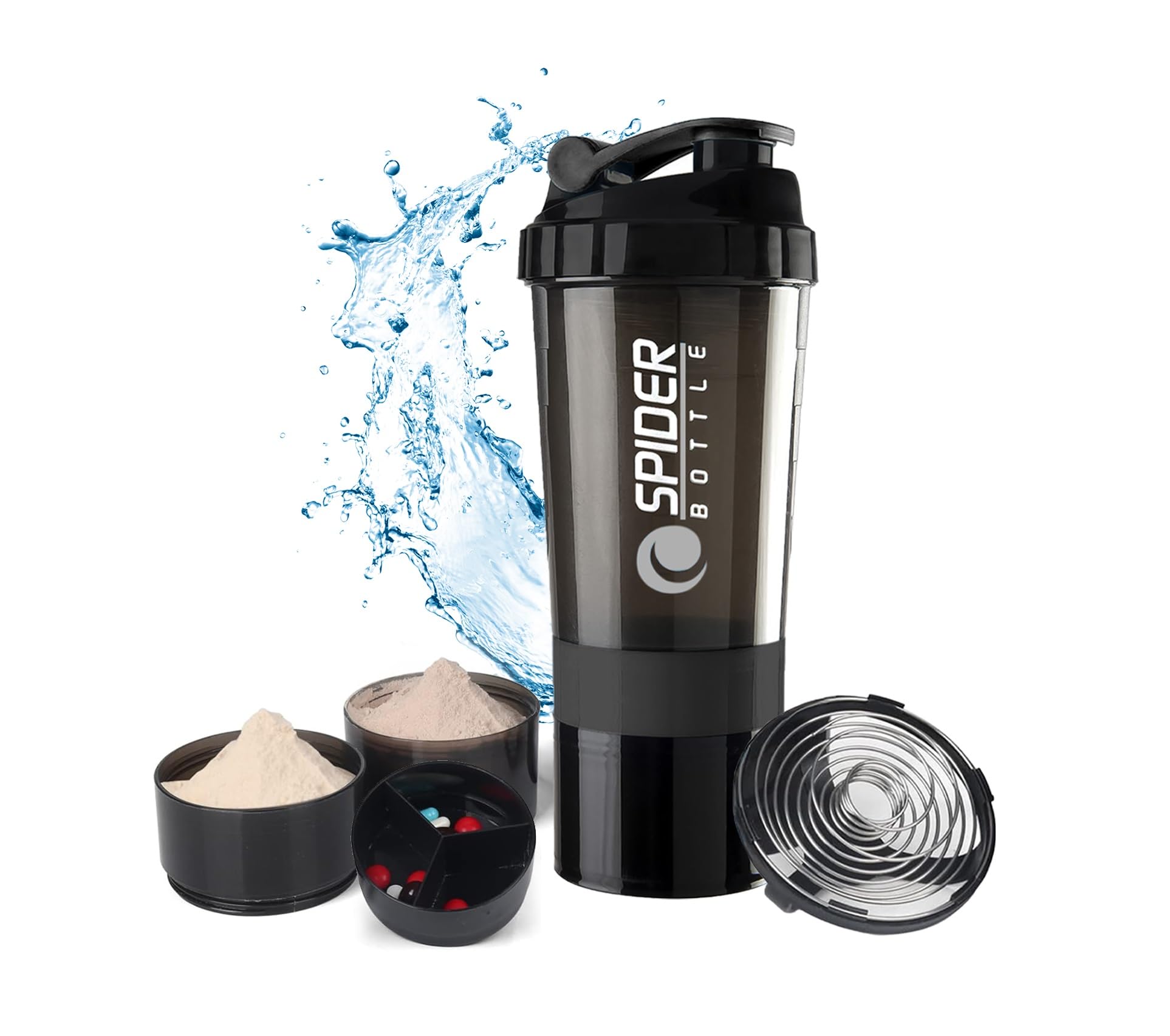 Active 100 Protein Shaker Bottle 500ml With Extra Compartment - Gym Shaker Bottle For Men & Women, Perfect For Protein Shakes & Supplements (Black)