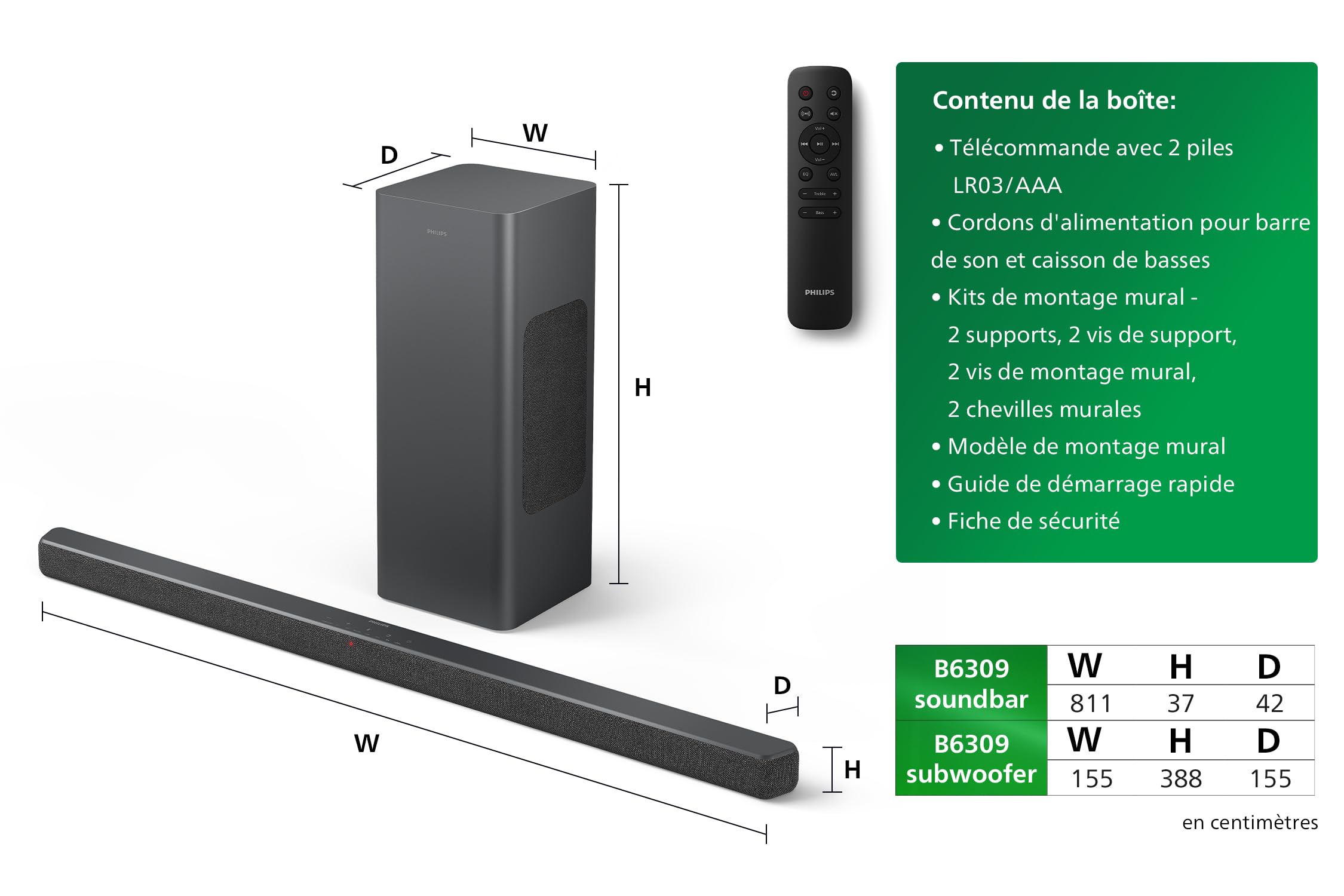 PHILIPS TAB6309 Barre de Son 2.1 avec Caisson de Basses sans Fil