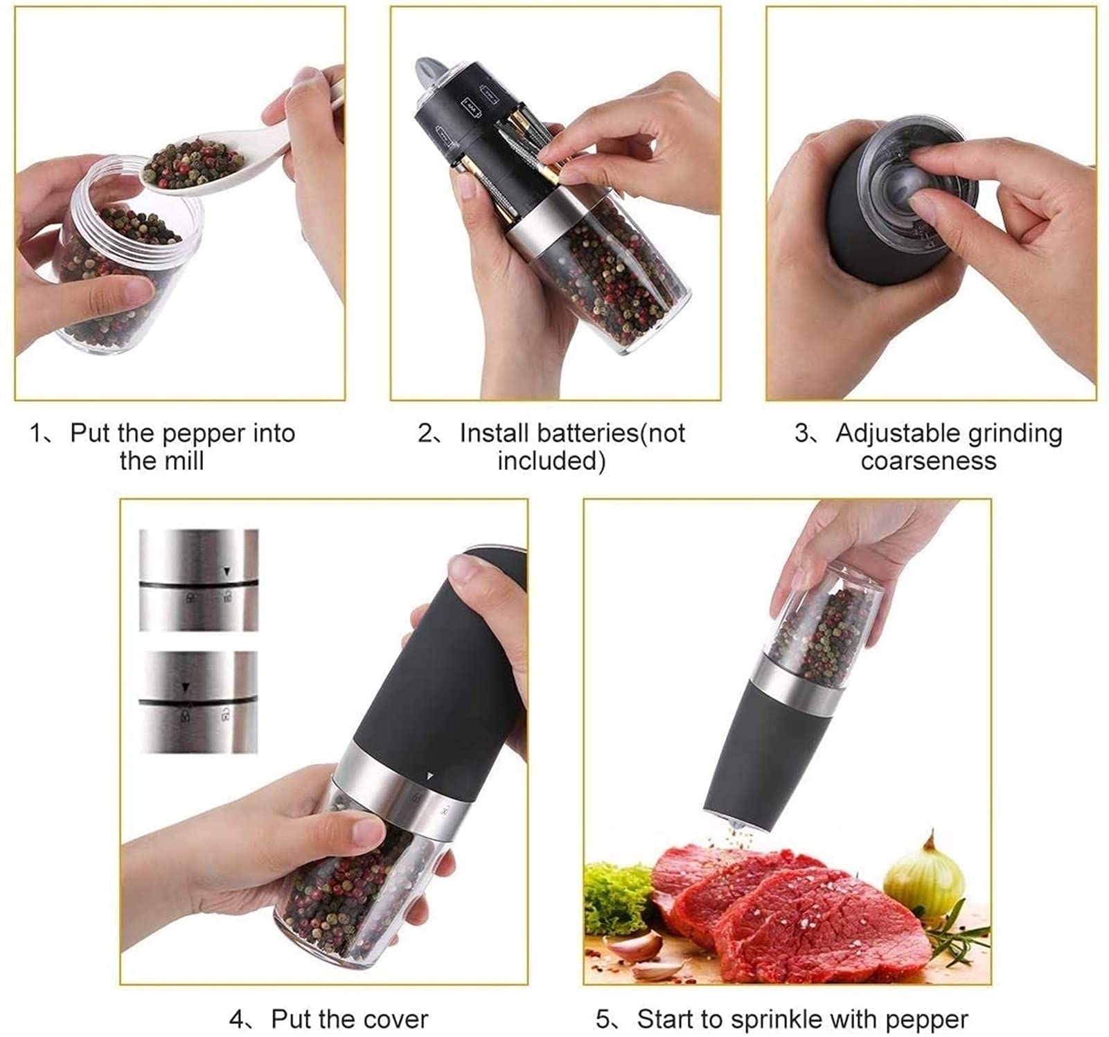 Set macina sale e pepe elettrico a gravità con ruvidità regolabile macina sale e pepe automatico alimentato a batteria con luce LED blu, azionato con una sola mano