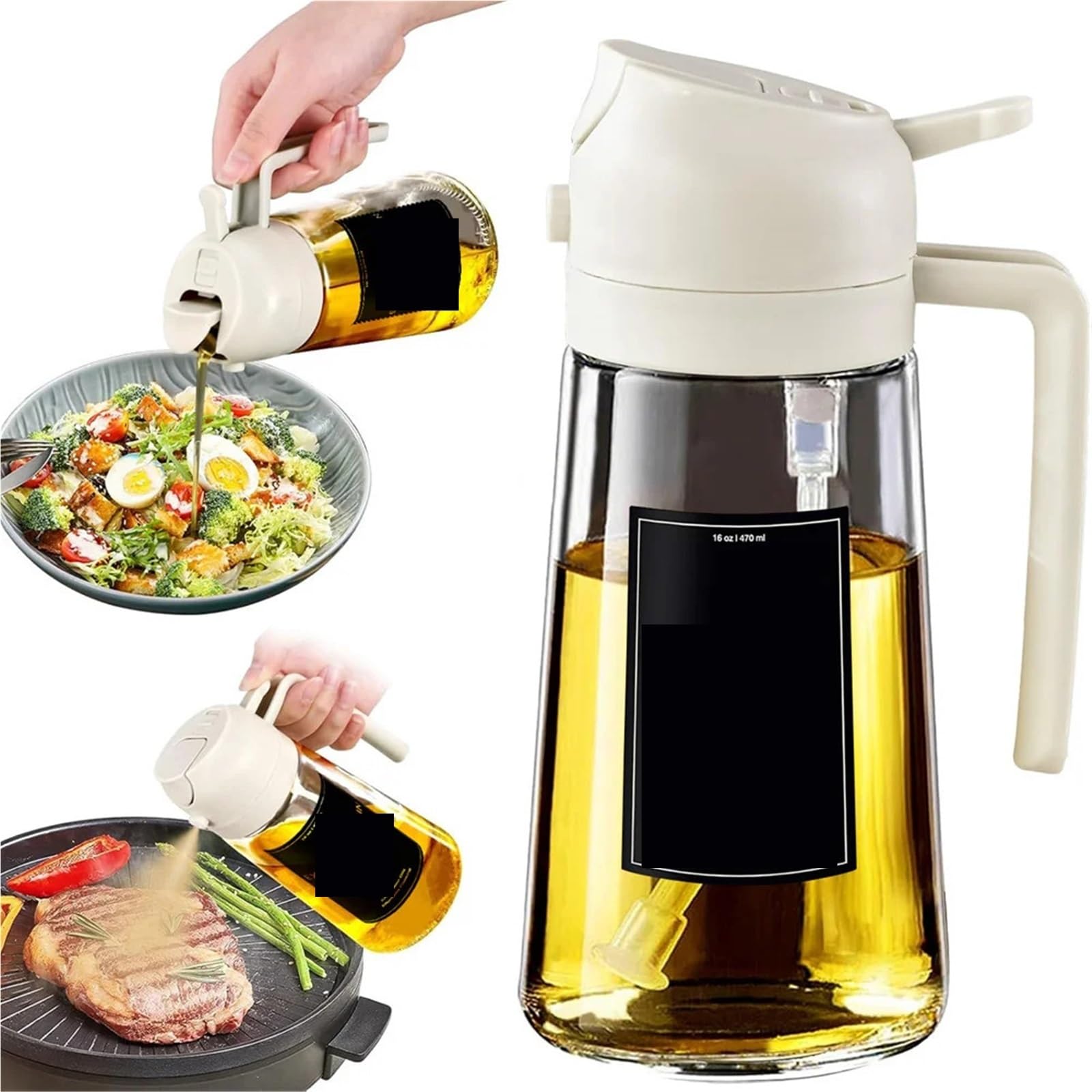 NGTFDCP Oil Dispenser, Oil Sprayer For Cooking,2in1 Dispenser Bottle For Kitchen,16oz/470ml Glass,Food-grade Mister for Air Fryer, Salad(1pcs White)