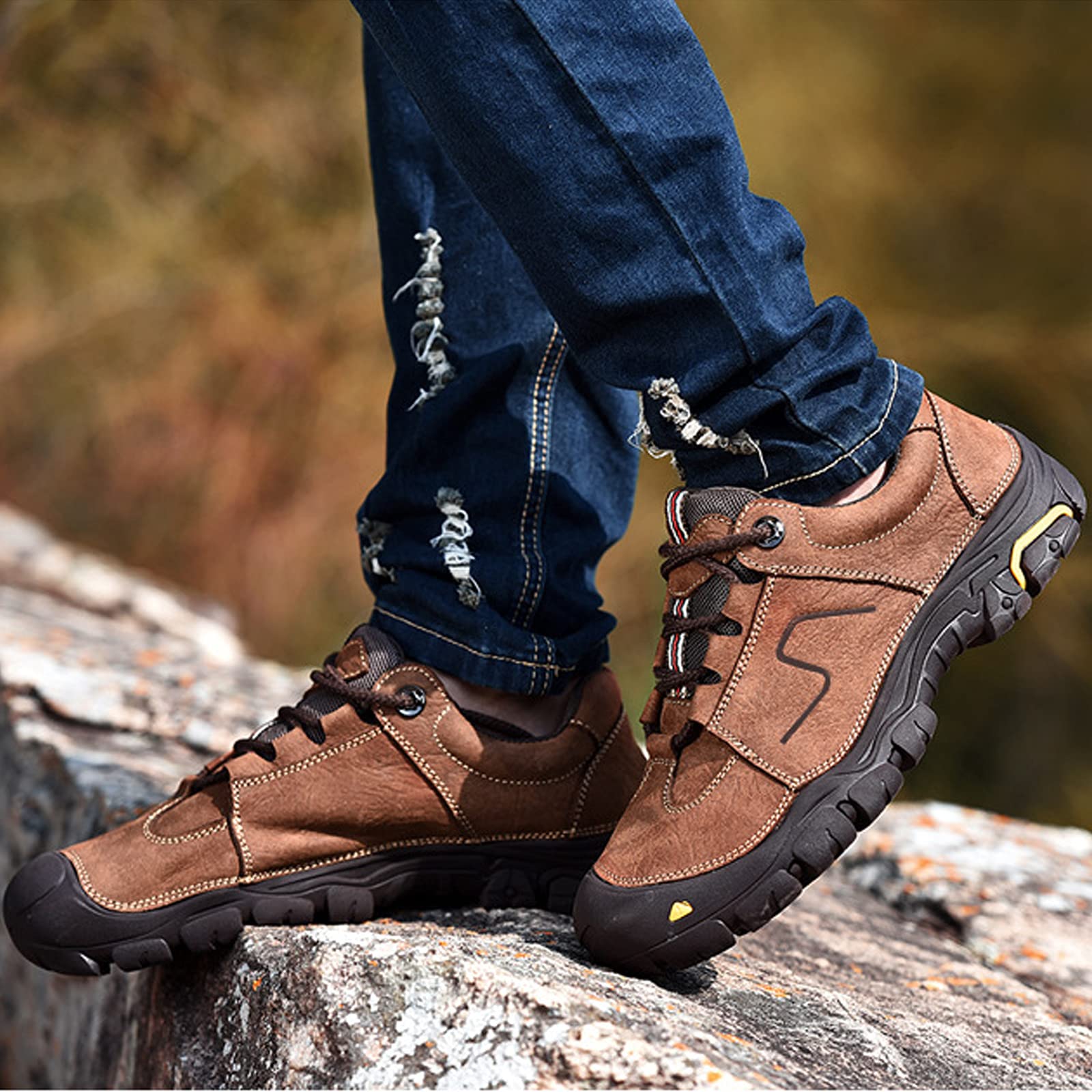 Zapatos Senderismo Cuero, Zapatos Casuales Caminar Hombres, Zapatos De Trekking De Montaña Antideslizantes con Cordones para Deportes Al Aire Libre para Todas Las Estaciones