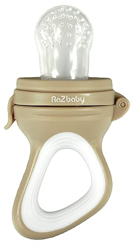 RaZbaby Chupete alimentador de frutas congeladas y sólidos para bebés, juguete mordedor para bebés de 6 meses, bolsa y pezón de silicona sin BPA,