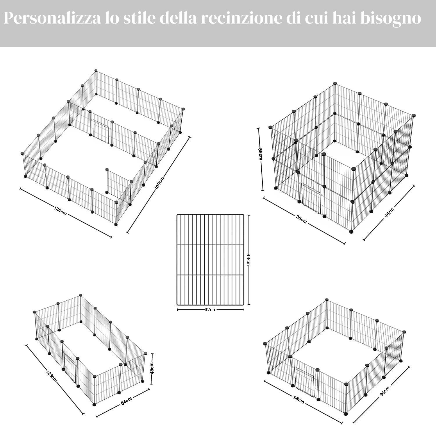 PILIN Recinto per piccoli animali, recinto per animali domestici con porta, gabbie per porcellini d'India, recinto in filo metallico portatile per interni ed esterni 43x32 12pz