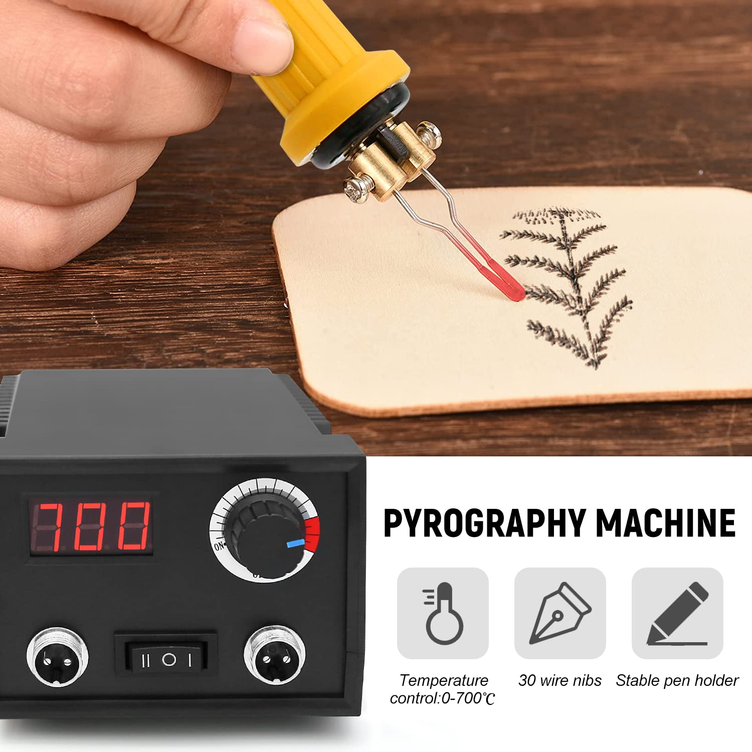 60W Machine de Pyrogravure à Bois, Poste de Pyrogravure avec 2 Stylo de Pyrograveur et 30 Pointes de Fil de Pyrogravure, Kit de Pyrogravure Bois Température Réglable de 0 à 700℃