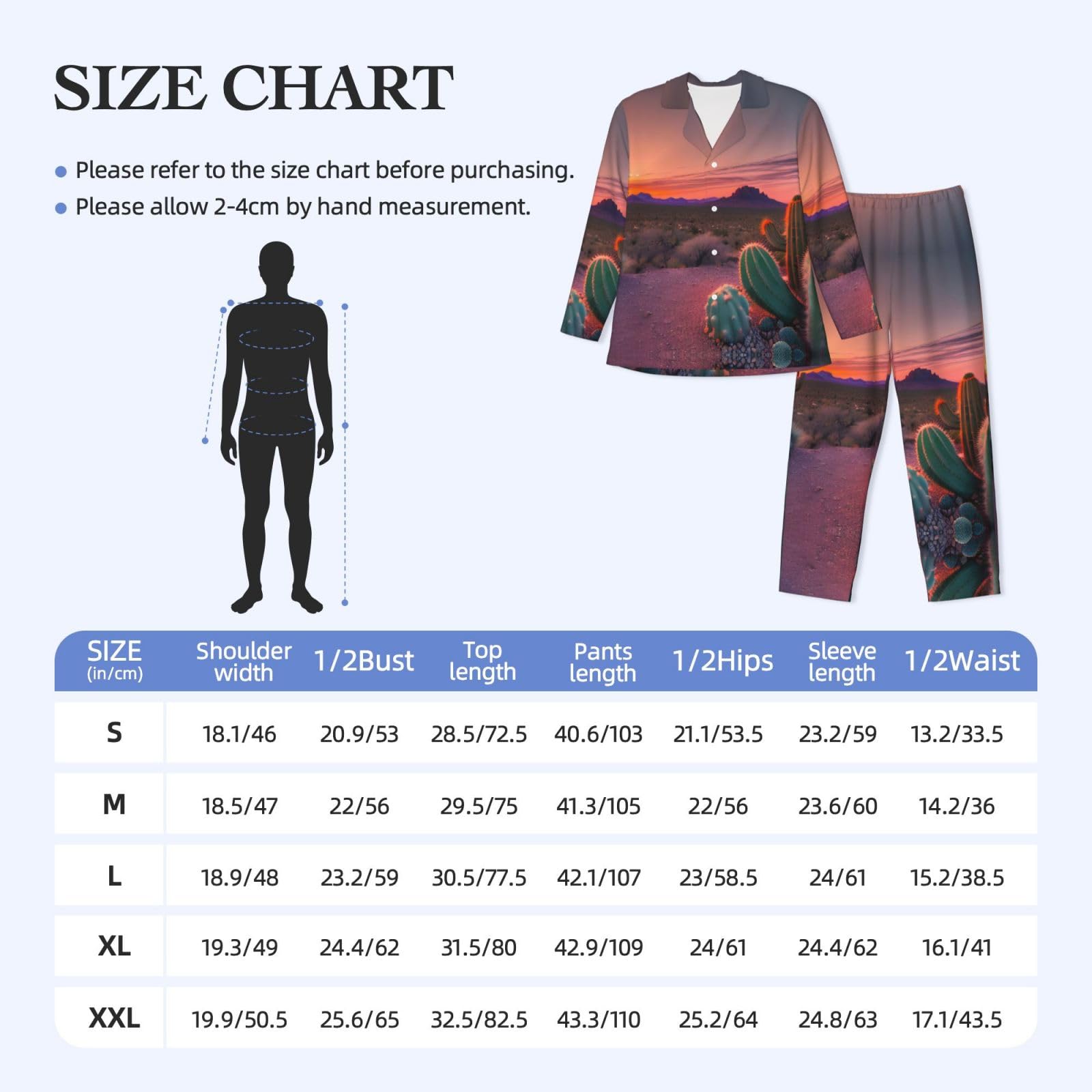 Set di pigiama da uomo morbido a maniche lunghe, motivo cactus desertico tramonto, nero, XL, Nero , X-Large