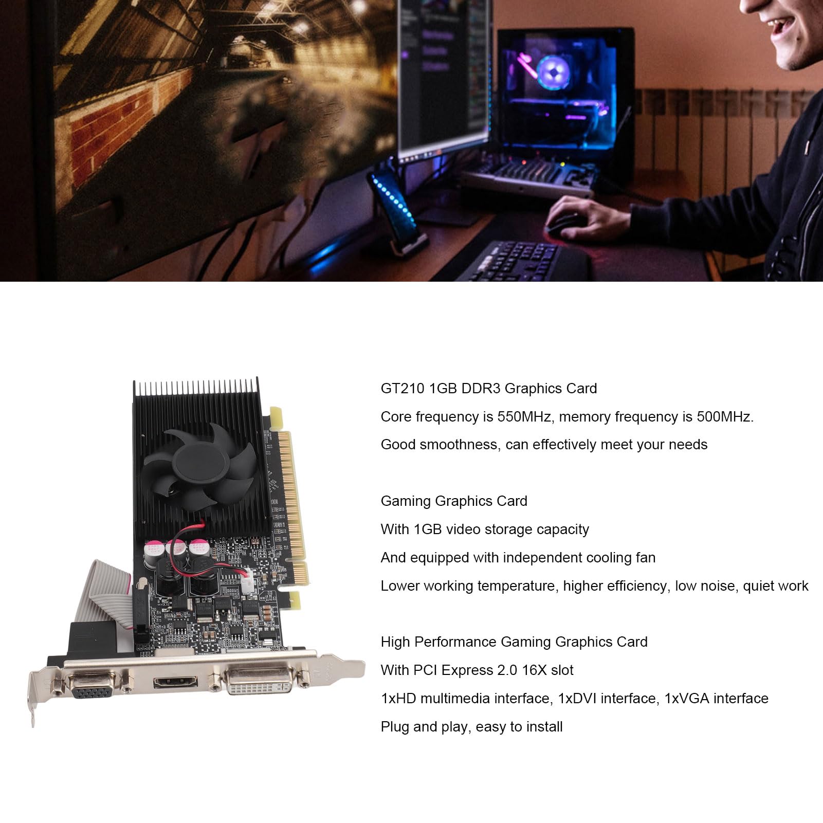 Tarjeta Gráfica GT 210, Tarjeta Gráfica GPU para Juegos PCI Express 2.0 DDR3 de 64 bits, 550 MHz, HDMI DVI VGA con Ventilador de Refrigeración para Juegos de Oficina y PC