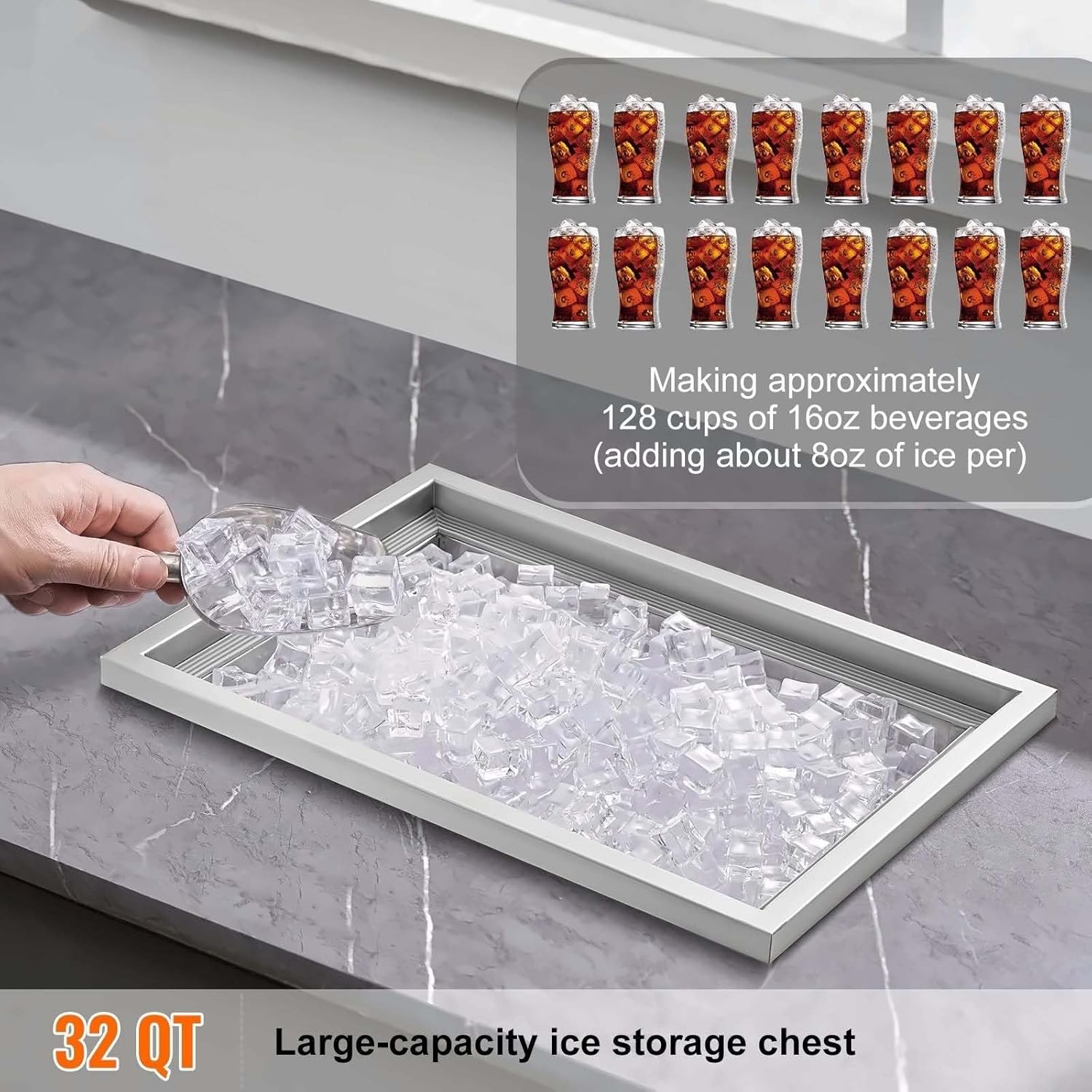 Stainless Steel Drop in Ice Chest - 40 Qt - Outdoor Bar Cooler - 20x14x12in - Wine, Beer - Drain Included