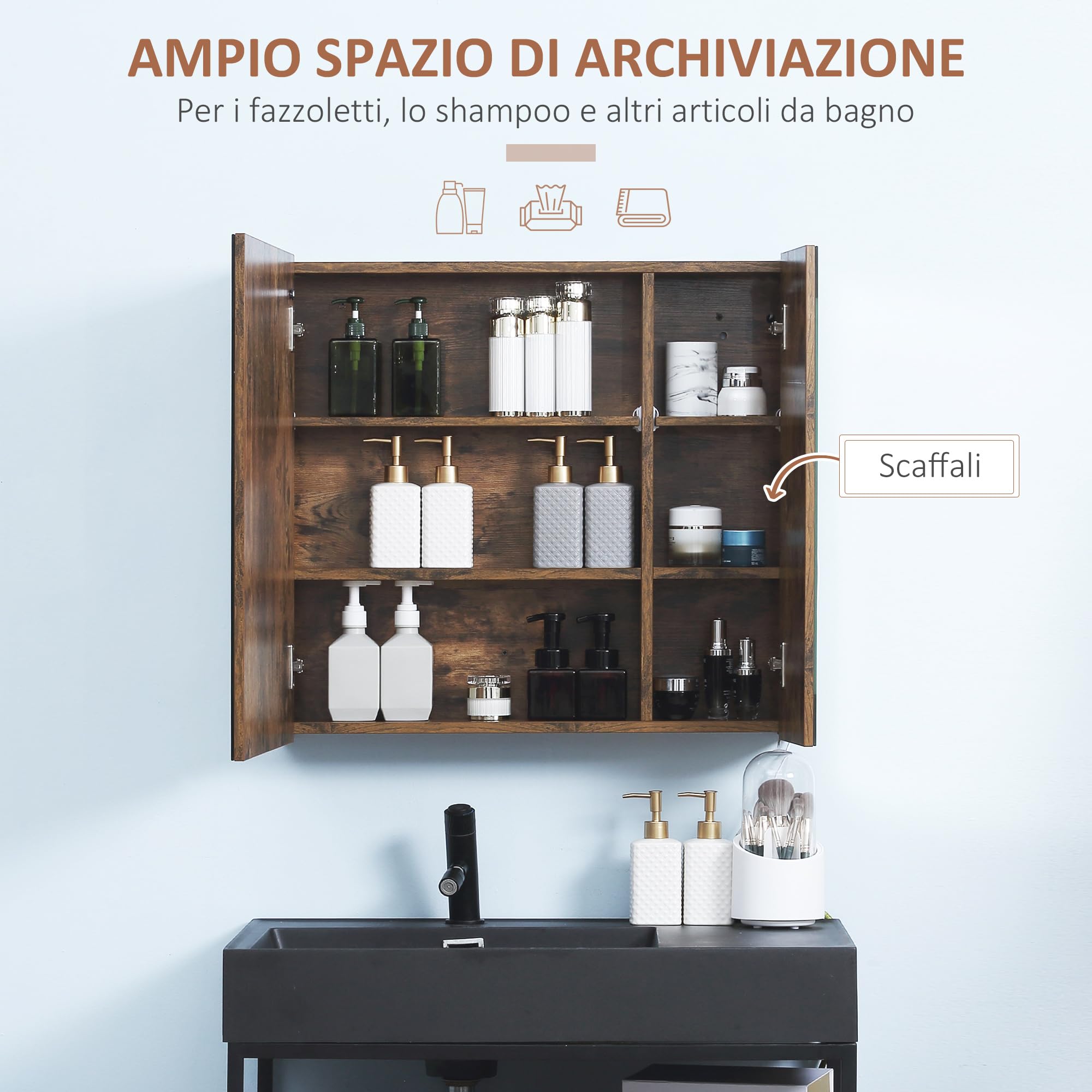 kleankin Specchio Bagno Contenitore con Luci LED Regolabili, Armadietto Bagno con 2 Ante a Specchio e Mensola Regolabile, 70x15x65cm, Marrone