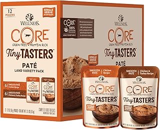 Wellness CORE Tiny Tasters Wet Cat Food Topper, Grain Free, Complete & Balanced Nutrition Made with Real Meat, No-Mess Pouches, 12 Pack (Adult Cat, Land Variety Pack)