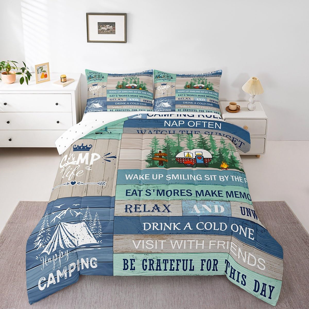 Feelyou Kids RV Camping Duvet Insert King Size, Happy Camping Comforter Set Boys Girls Lake House Bedding Set Farmhouse Trailers Camper Teens Bedroom Decor Bed Set 3Pcs