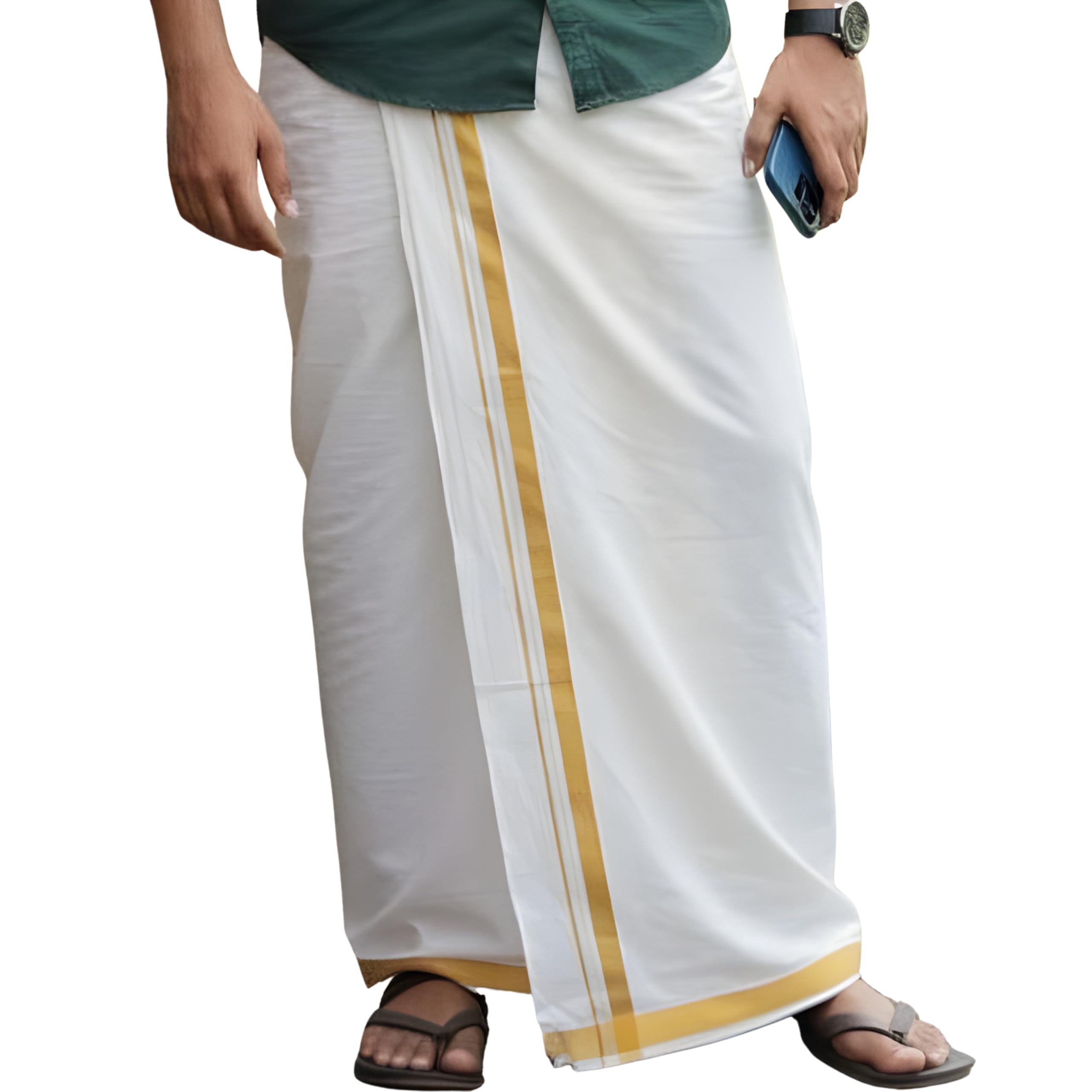 Men's Premium White Cotton Lungi (2.5 Meters) : Traditional Ethnic Dhoti with Elegant Golden Border-image-36