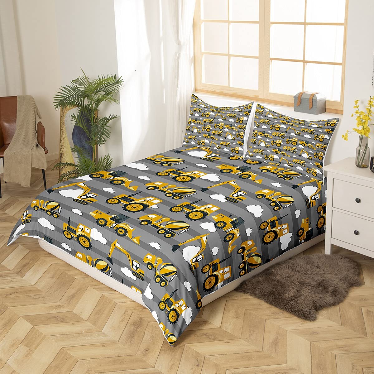 Juego de Funda de edredón para niños Excavadora de Dibujos Animados de camión Amarillo para grúa, Juego de Ropa de Cama para Tractor, 2 Unidades de tamaño Individual