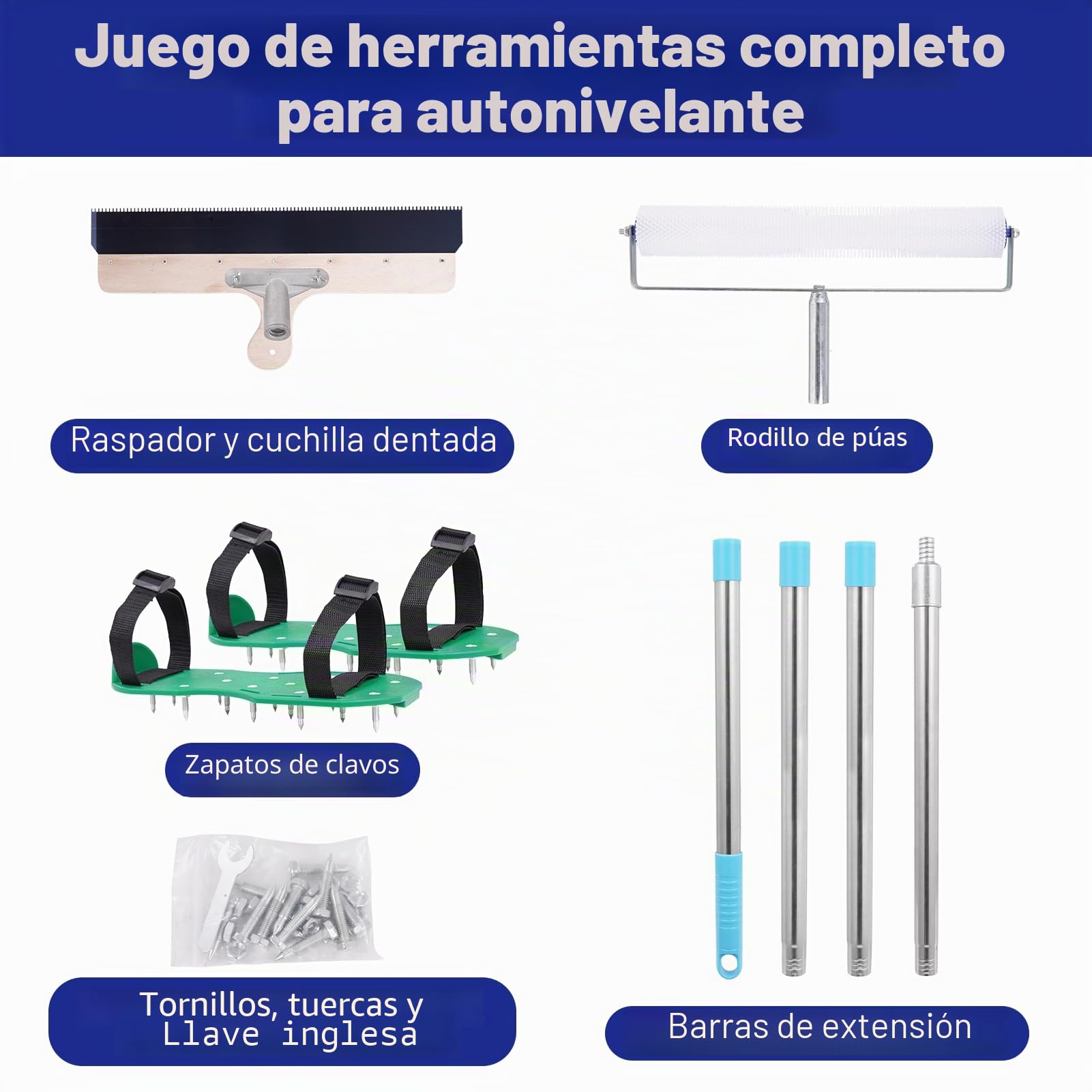 Juego de herramientas de cemento autonivelantes, rodillo de puntas para cemento autonivelante, juego de suelo epoxi, zapatos de punta para suelos epoxi, herramientas de hormigón, raspador de acero