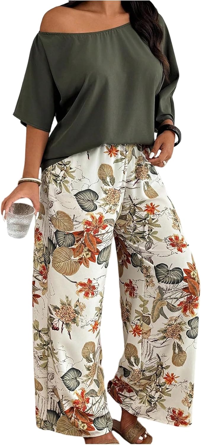 SOLY HUX Women's Plus Size Summer Vacation Outfits 2 Piece Off the Shoulder 3/4 Sleeve Blouse and Floral Pants Set
