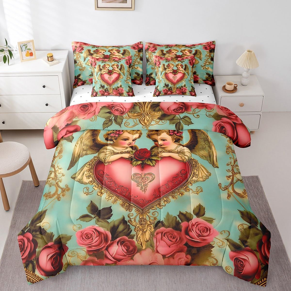 Erosebridal Anime Angel Girl Bedding Set 7-Piece 3D Baby Angel Comforter Set King Size Little Angel Bed in a Bag Dreamy Fairy Tales Quilt with Flat Fitted Sheet Jungle Scenery Decor