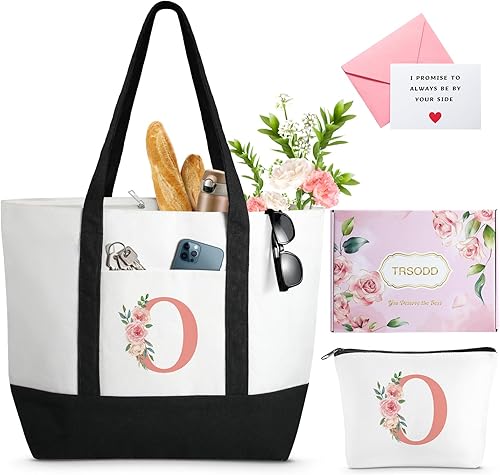 Bolsa de playa grande con inicial floral con bolsa de maquillaje, bolsa de mano Can-vas para mujer, regalos personalizados para amigos de 50