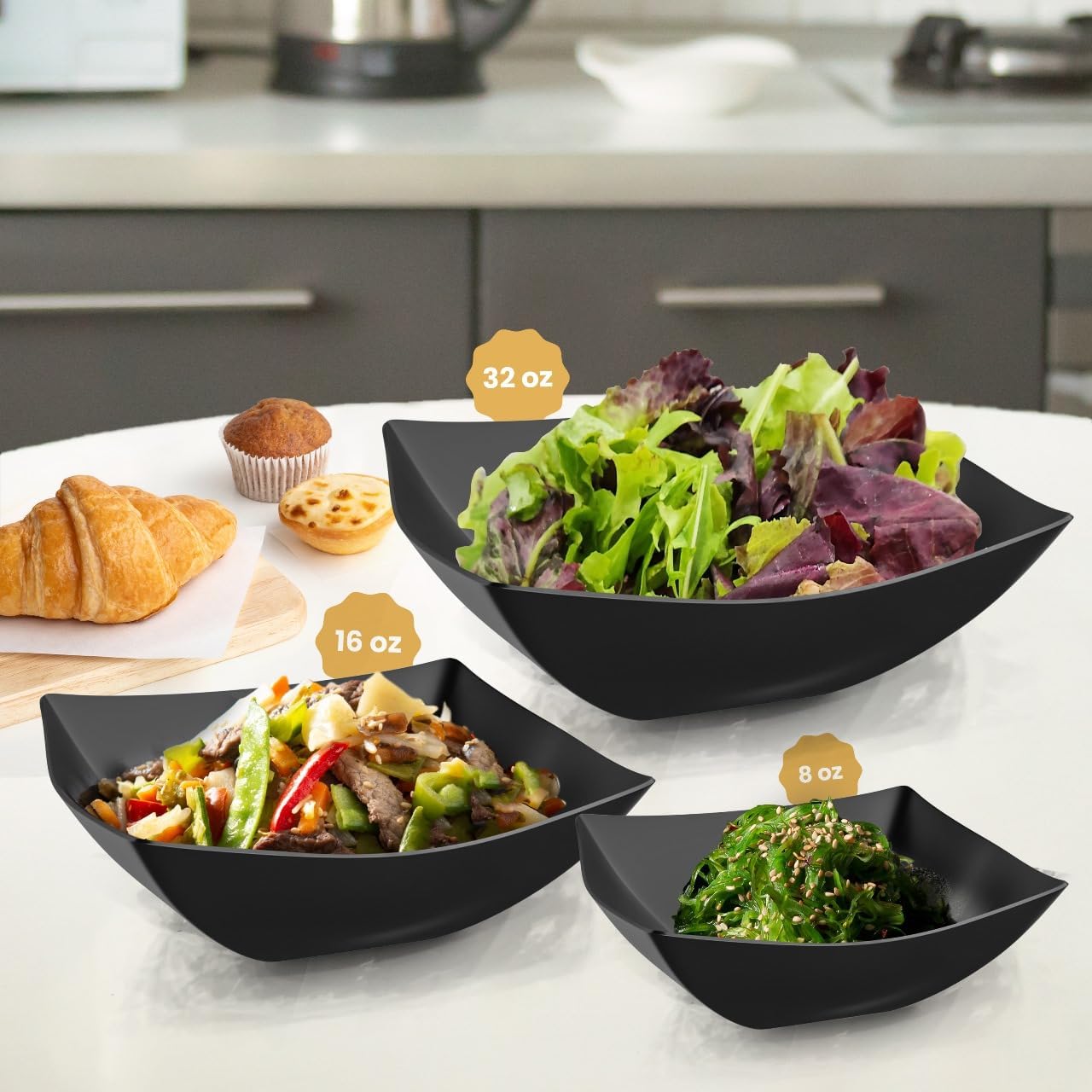 R-kay 6 Pack Black Square Plastic Serving Bowls - Black Plastic bowls 16 Oz - Disposable Serving Bowls - Premium Bowls Disposable Heavy Duty For Weddings Catering And Birthday parties - Image 3