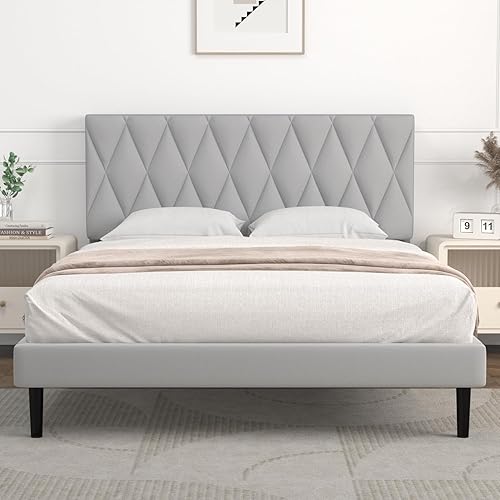 Miniatura 1 de IYEE NATURE Base de cama Queen con plataforma tapizada con cabecero y listones de madera fuertes, fuerte capacidad de peso, antideslizante y sin