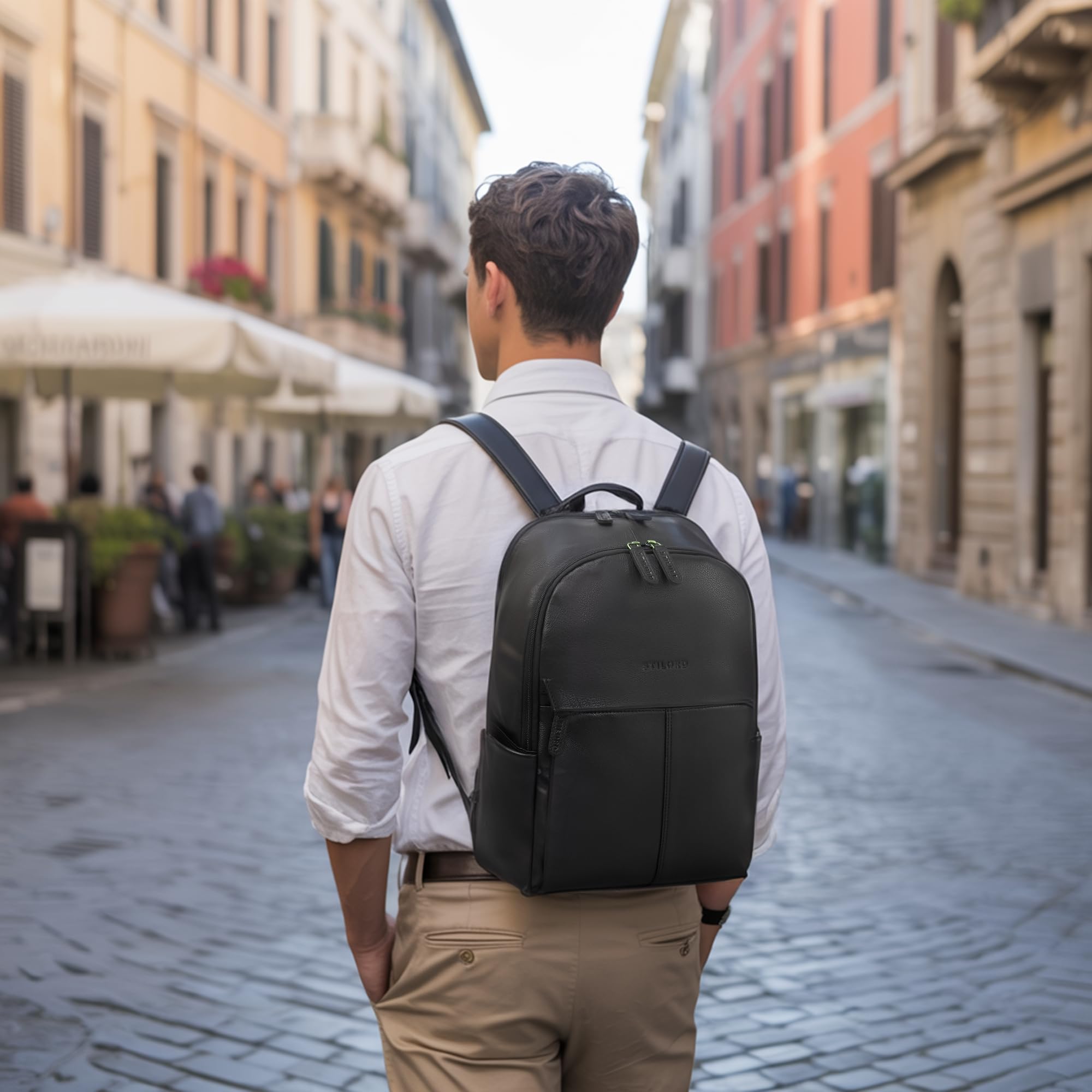 STILORD "Marino" Zaino in Vera Pelle Elegante per Uomo e Donna medie – Zaino da Studente con scomparto per Laptop 13-14 pollici – Ideale come zaino da città elegante Colore:nero