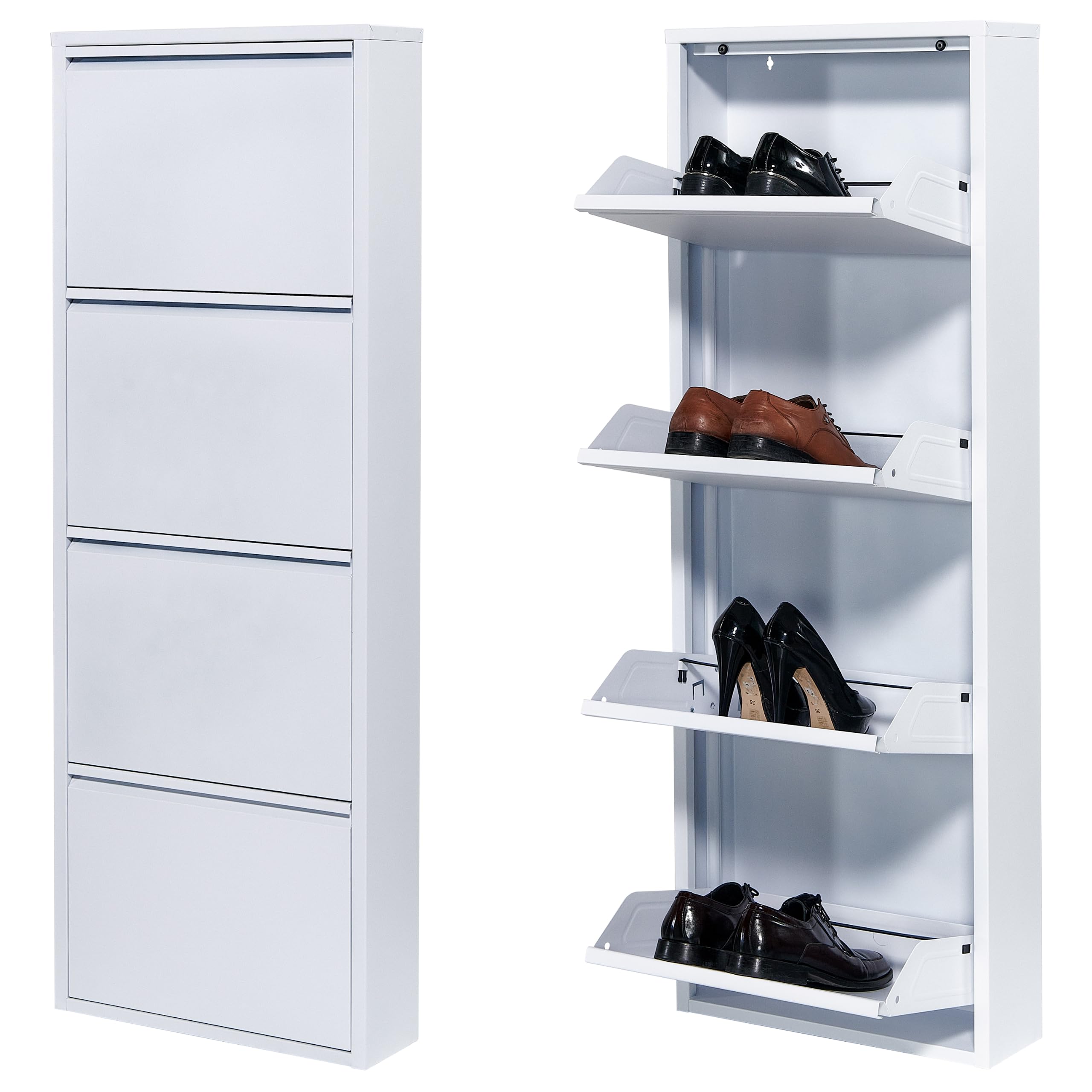 Atahome Slim Shoe Cabinet Narrow Shoe Storage Cabinet for hallway wall mounted thin flip down Tall Metal Shoe Rack Storage Organiser Shoe cupboard Indoor Troy 4-Drawer (White)