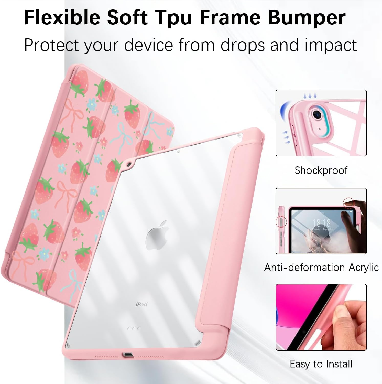 CraftedCY Pink Bpws Strawberry Case for Ipad 10Th 10.9" Cute Cover for ipada16 11" 2025 Auto Sleep/Wake Adjustable &Pencil Holder Aesthetic Women Pattern Anti-Slip Shockproof Shell