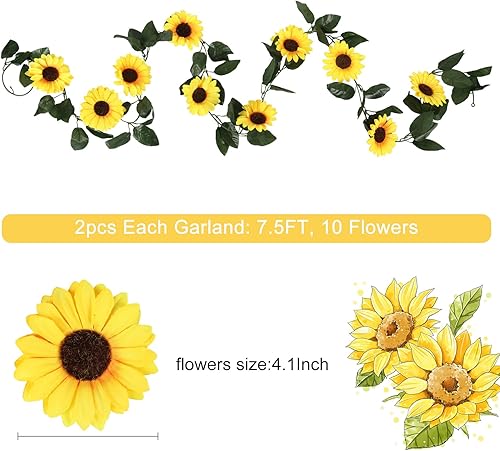 Miniatura 2 de Beferr Guirnalda de girasoles para decoración, paquete de 2 enredaderas artificiales de girasol de 7.5 pies, flores colgantes de seda con hojas