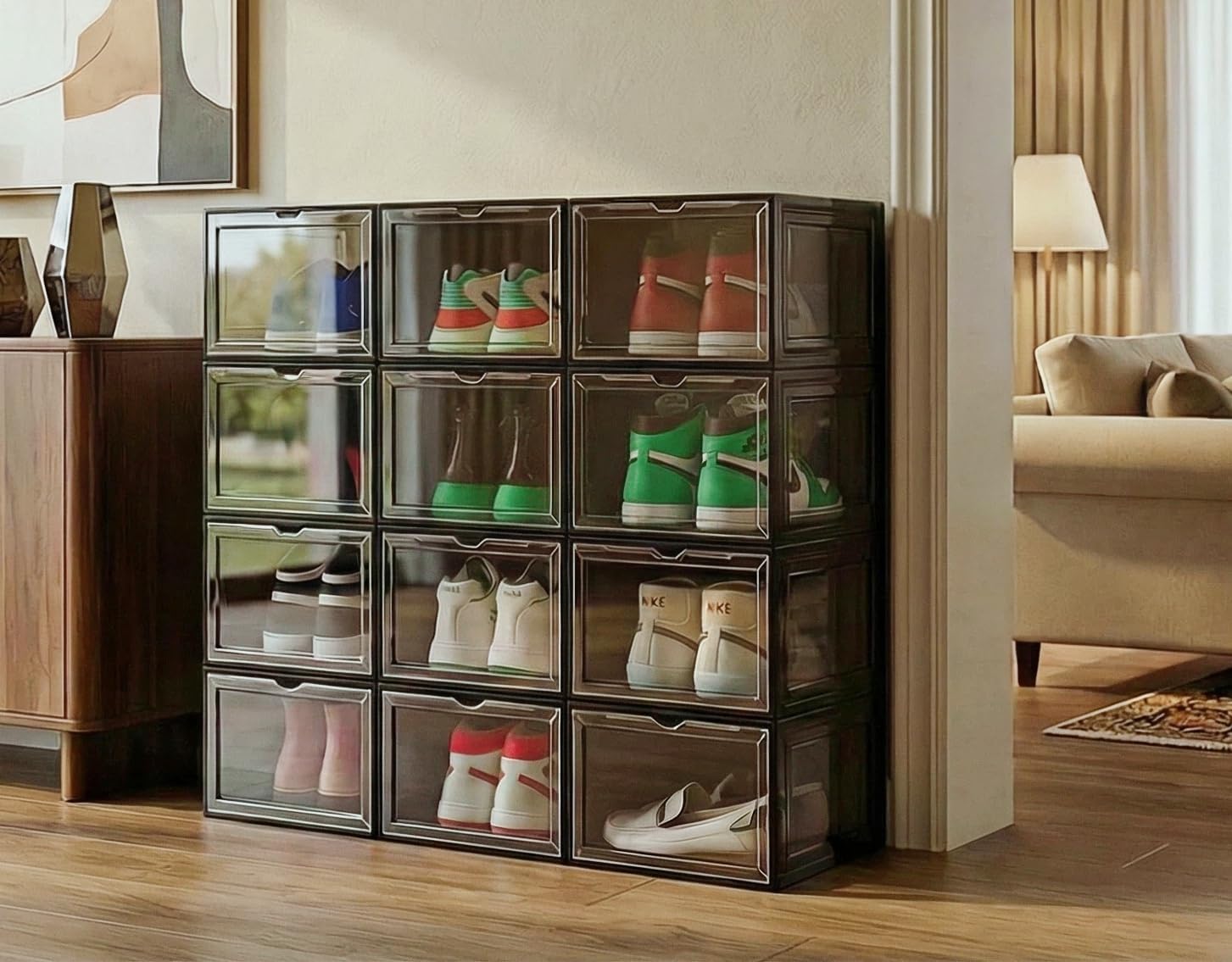 12 Pack Black Shoe Storage Boxes Stackable, Plastic Shoe Boxes with Lids, Sneaker Storage, Transparent, Thick Hard, Drop Front Door, Within US Size 13