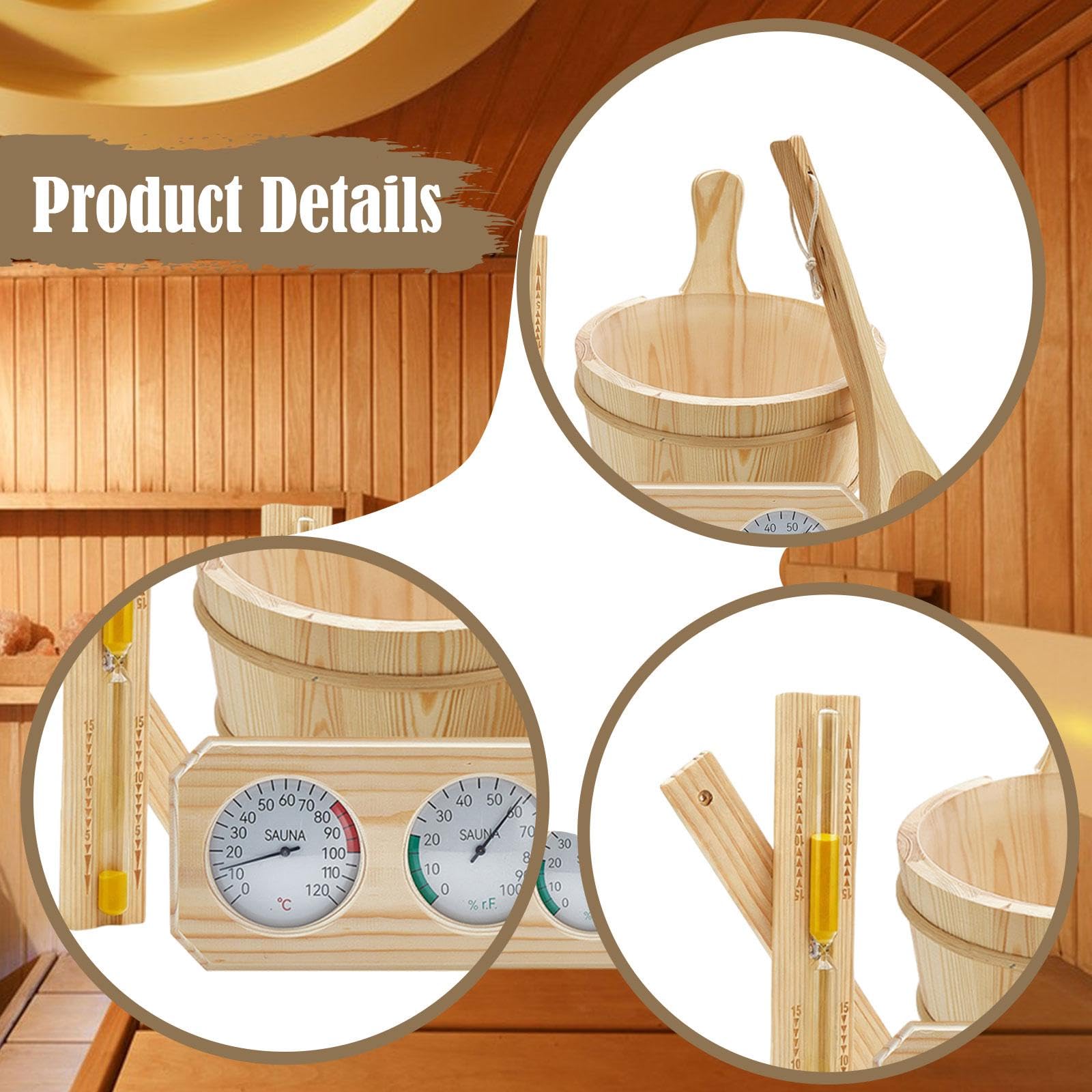 MagiDeal Kit Accessoires Sauna, Seau 4 L avec Poignée, Thermomètre Hygromètre, Louche, Sablier, Bois de Pin
