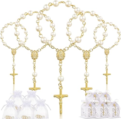 Juego de 50 recuerdos de bautismo, cuentas de rosario acrílico, perlas de imitación con bolsas de organza y cajas de recuerdo de bautismo en cruz,
