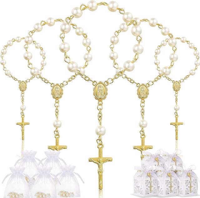 50 Packs Baptism Favors Set Baptism Rosary Acrylic Rosary Beads Faux Pearls with Organza Bags and Cross Baptism Favor Boxes with Ribbons for Christening Weddings Party Favors(Gold Pearl Bracelet)