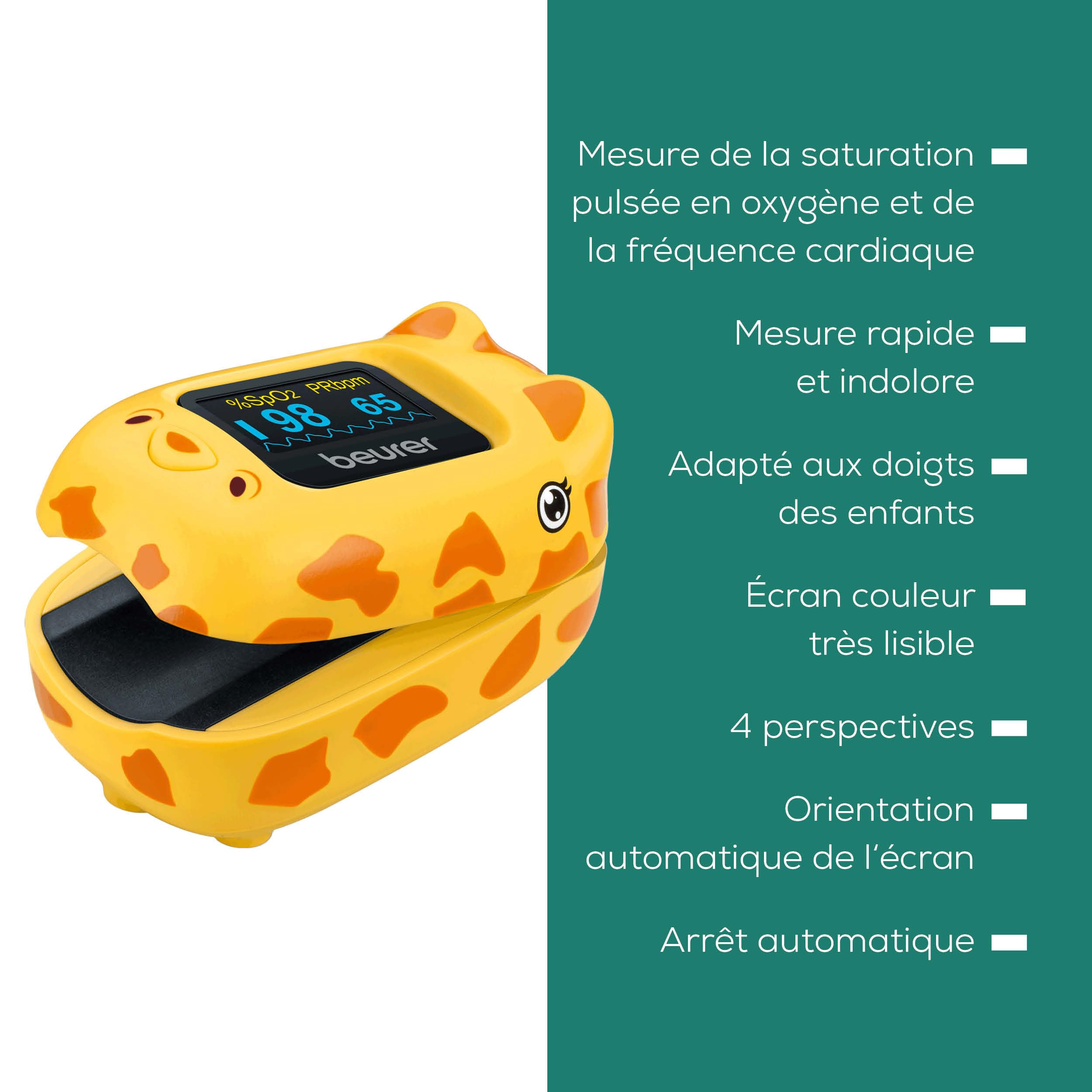 Beurer PO 13 Kids, oxymètre de pouls digital pour enfants, mesure du pouls et de la saturation en oxygène en quelques secondes, petit format,alignement automatique de l'écran, avec sacoche de ceinture