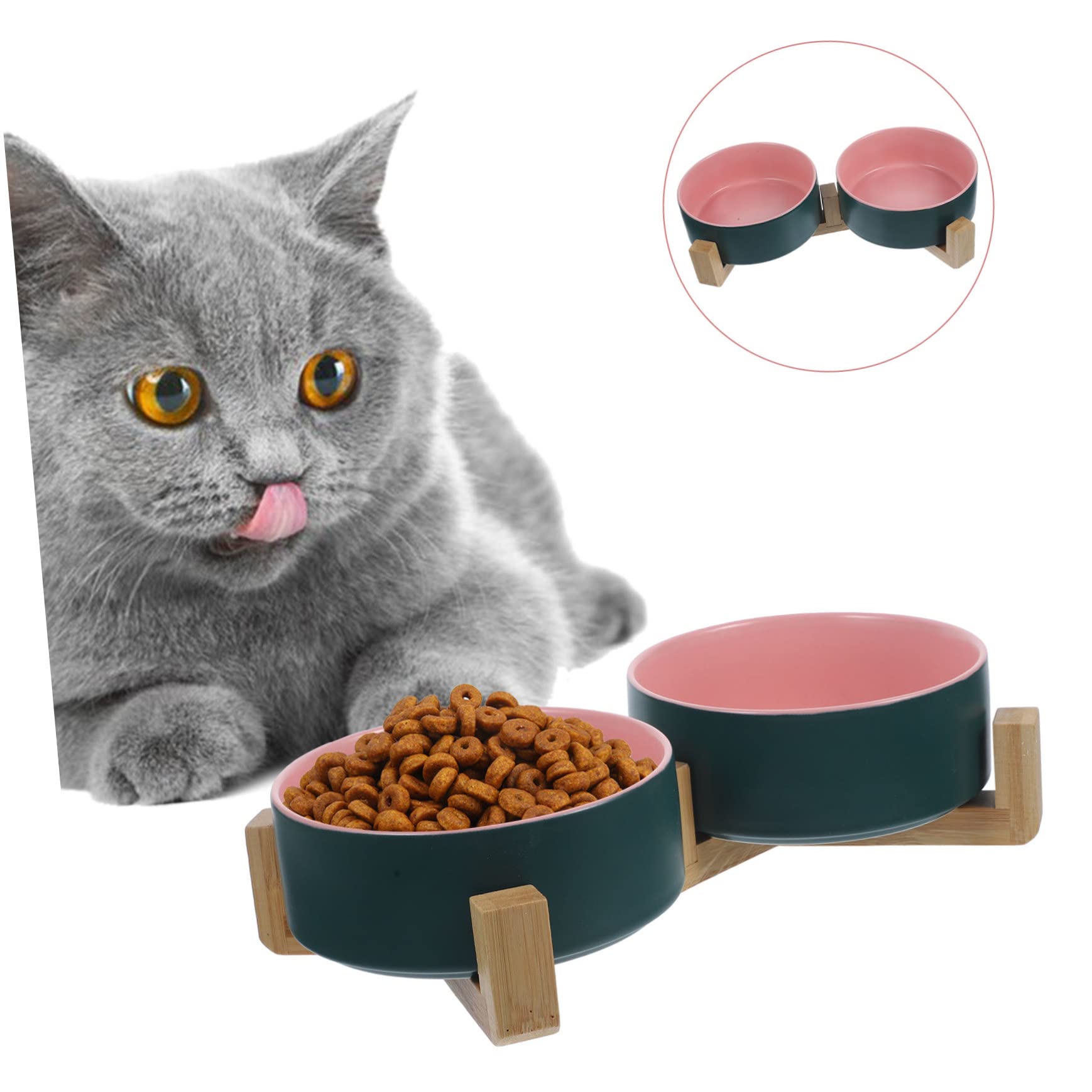 Toyvian Keramik Katzennapf mit Rutschfestem Holzständer Doppelte Futterschalen in Grün und Rosa Abnehmbar und Leicht zu Reinigen Kleines Haustier Futterbehälter für Katzen und Kleine