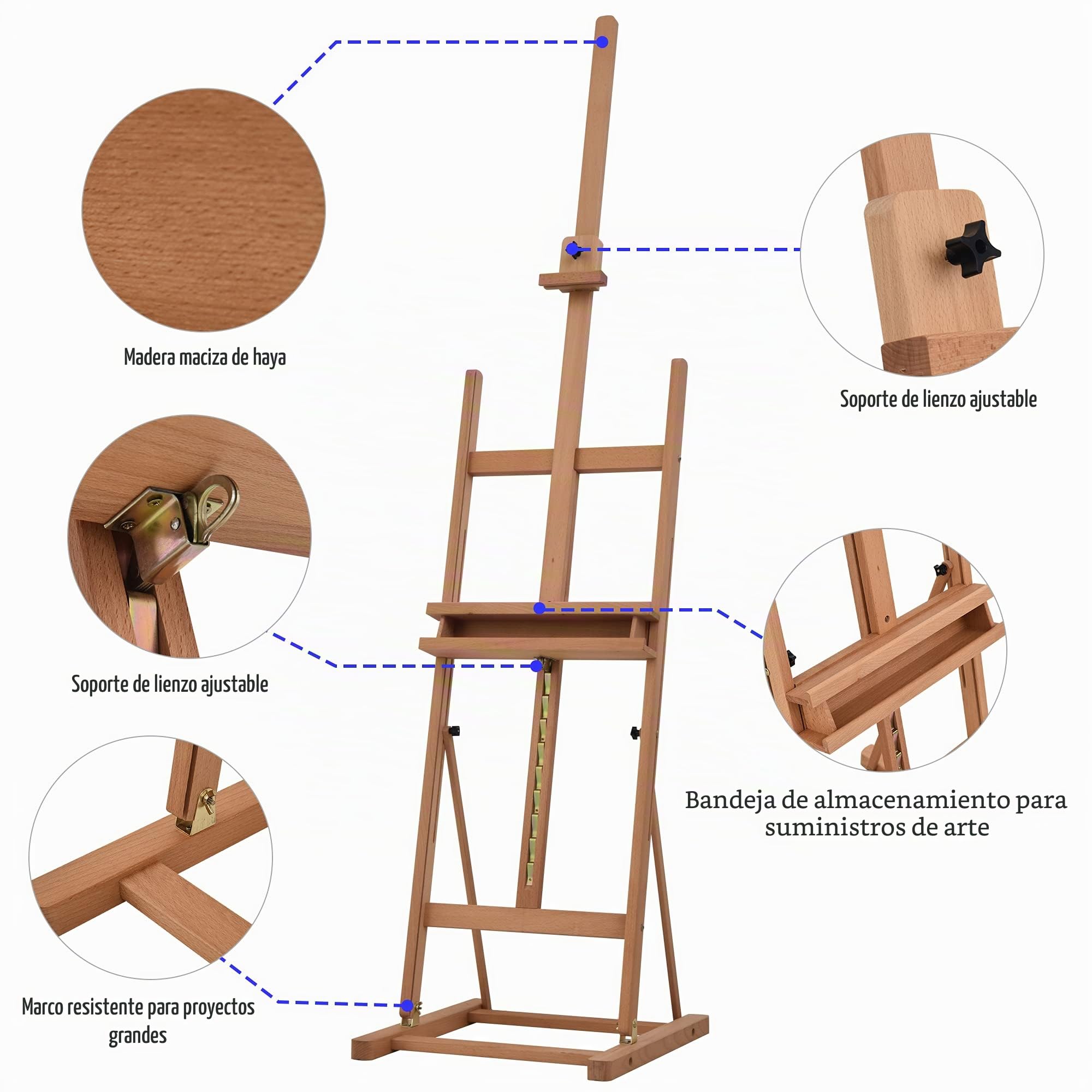 Caballete de artista con patas de altura ajustable, 16 niveles de inclinación ajustable 80° máx. nicho almacenamiento de madera de haya