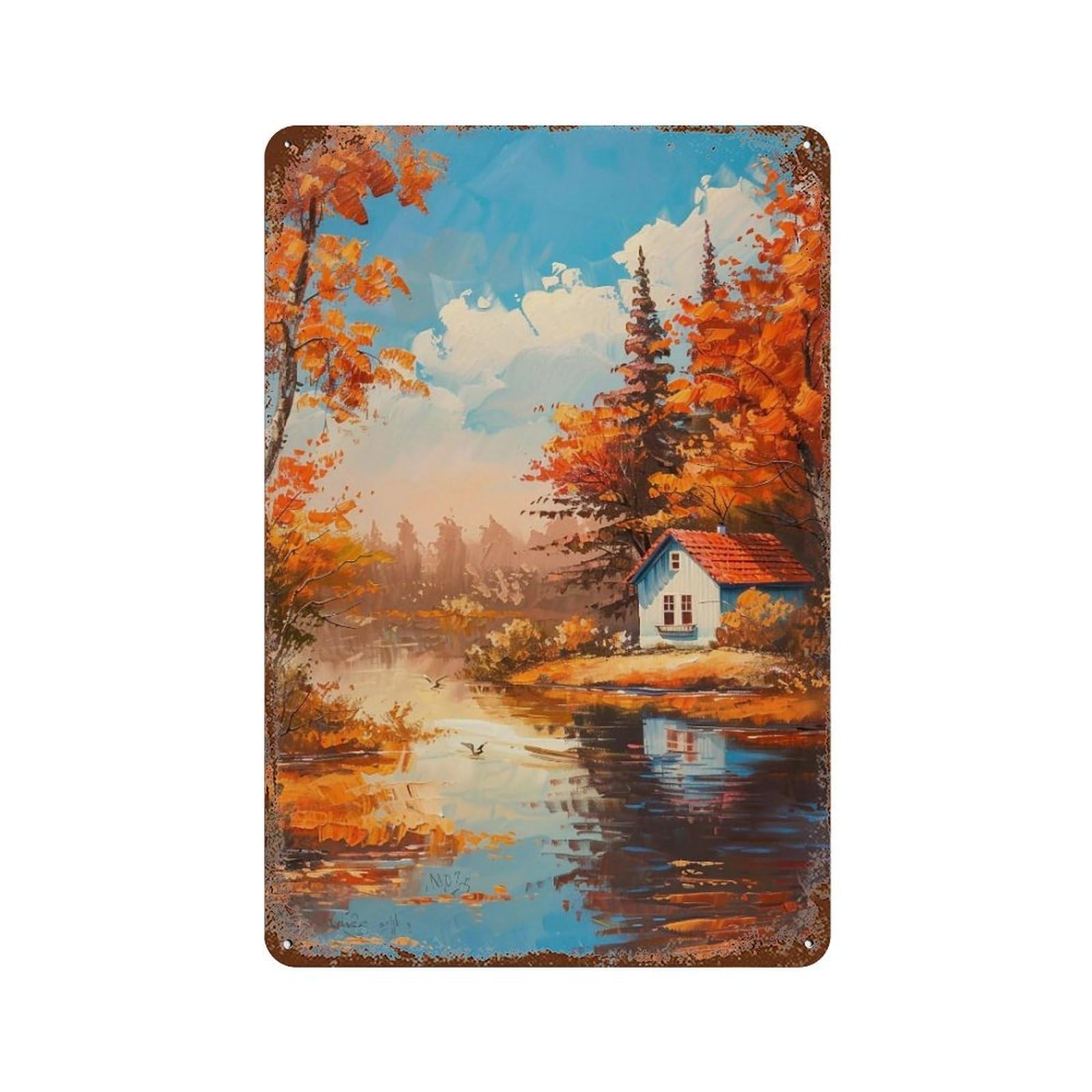 HDURYEYRYY Autumn Cottage by The River 01 Wall Retro Iron Vintage Art Metal Tin Sign Poster Modern Home Cofffee Club Art Bar Shop Decor 30x20cm