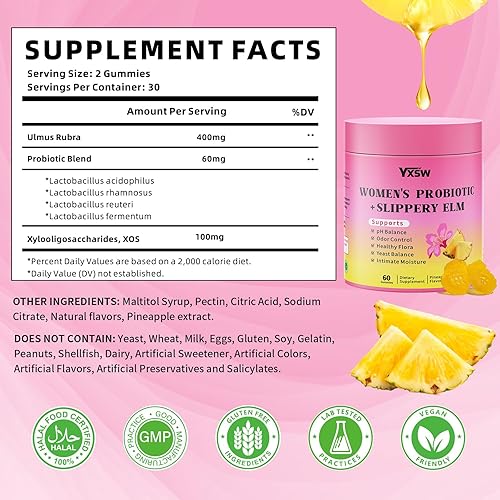 Miniatura 2 de Gomitas de olmo resbaladizo para mujer, sus jugosas gomitas de probióticos femeninos apoyan el equilibrio del pH, la salud intestinal y el sistema