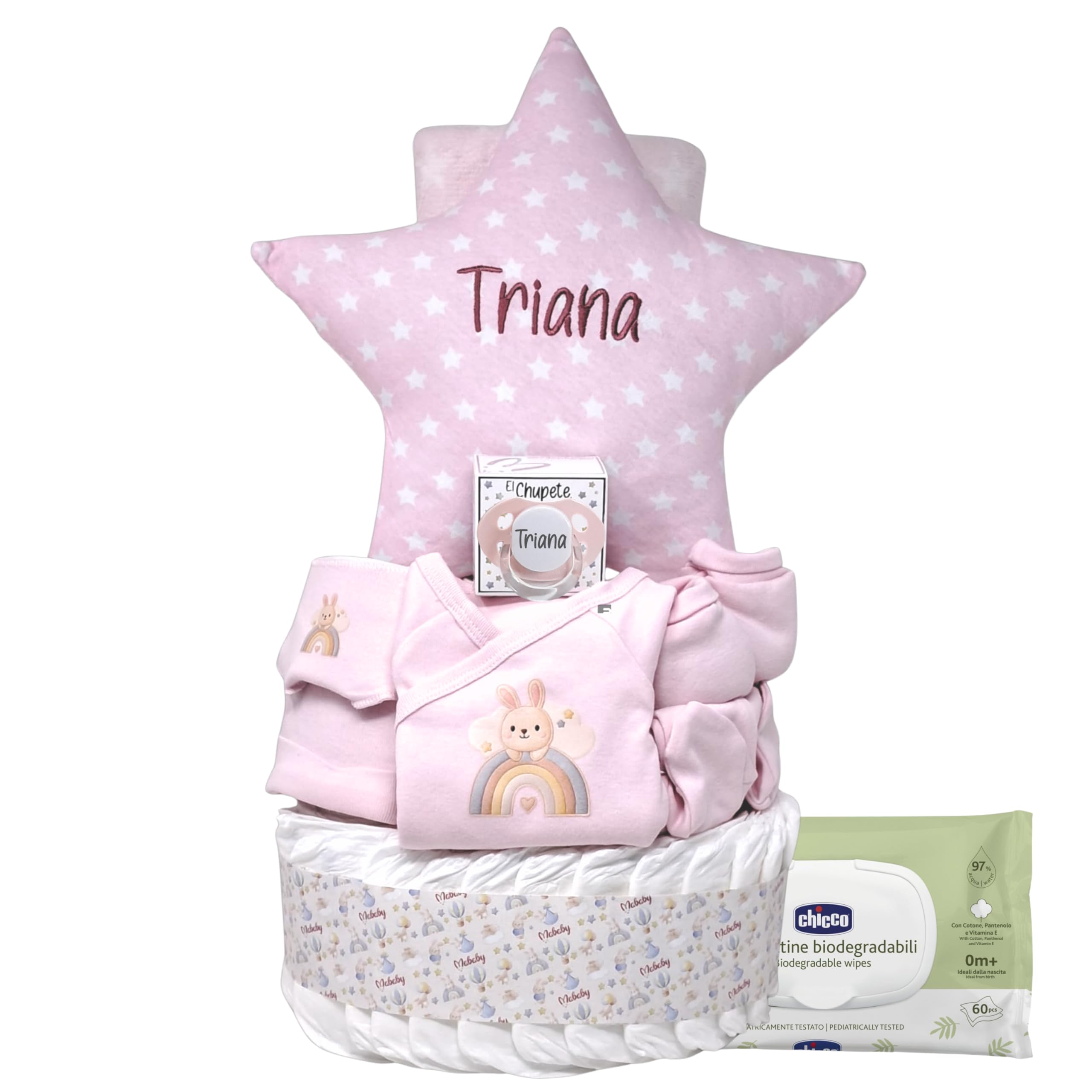 Tarta Stars, Pastel De Pañales Personalizado Con Nombre, Cojín Estrella Bordado Y Chupete Personalizado, Regalo Para Bebé Recién Nacido (Rosa)