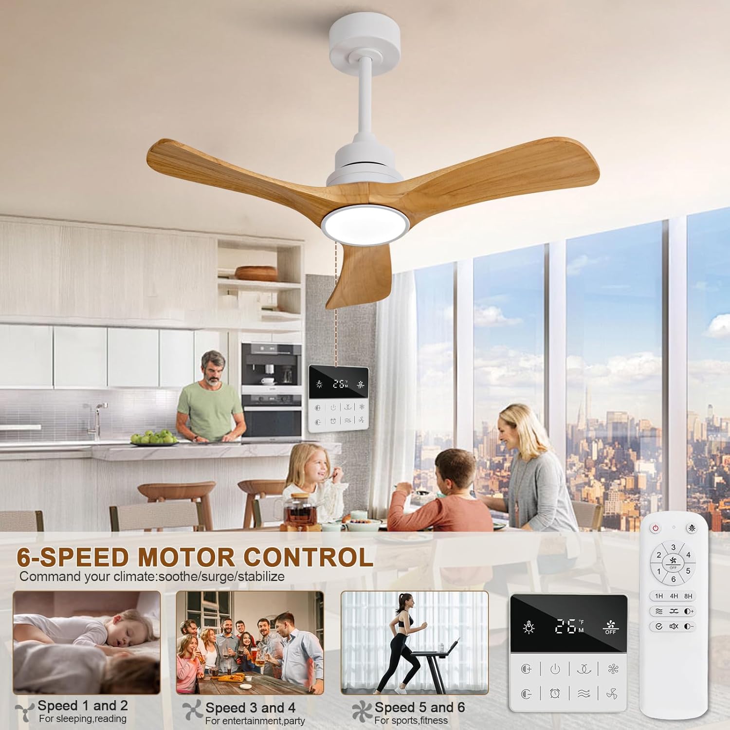 36 inch Ceiling Fan with Light and Remote Control,Wall Switch,Solid Wood Blades,Dimmable,Reversible Quiet DC Motor,Power Off Memory Modern White Ceiling Fan for Bedroom Patio Indoor/Outdoor