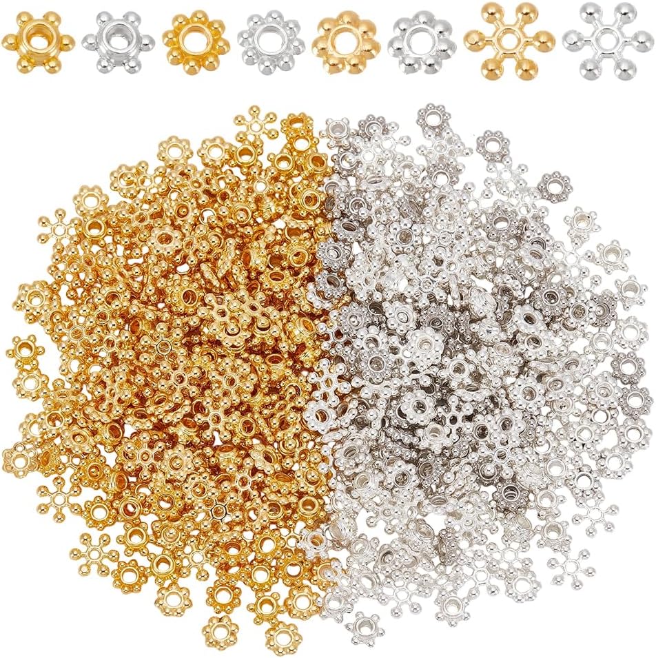 864Pcs 24 Styles Tibetan Style Alloy Spacer Beads Metal Antique Silver Flat Round Bicone Flower Charm Spacers Loose Beads for Jewelry Making Bracelets Necklace DIY Craft