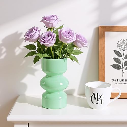 Mint Green Glass Vase for Flowers, 7 Inch Decorative Bubble Vase, Hydroponic Vases for Home Decor, Wedding Centerpiece, Living Room, Cute Colored Flower Vases for Dining Table, Shelves, Desk