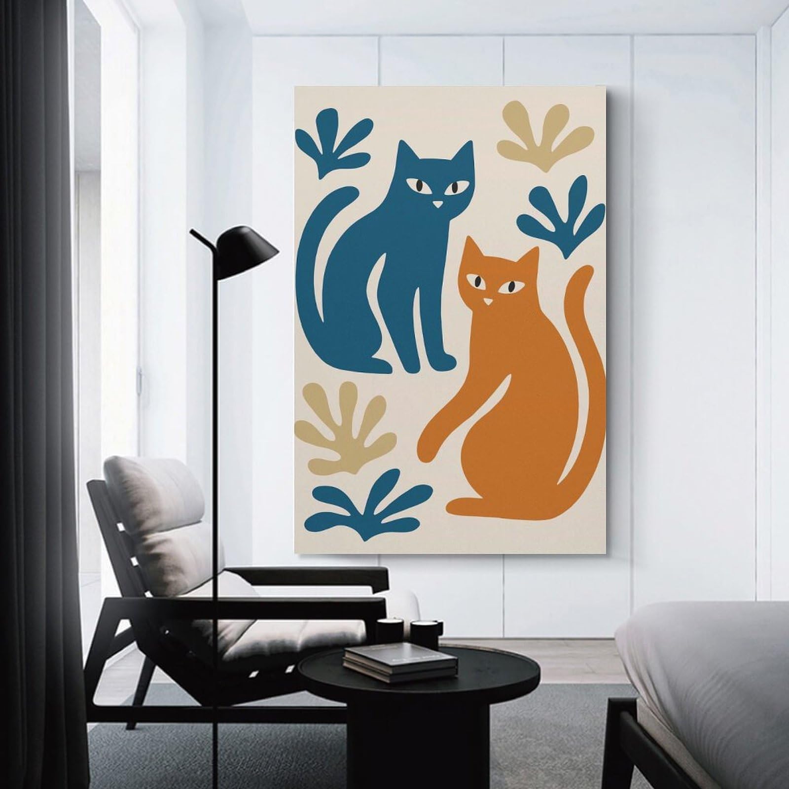 Junmoney Abstract Cats And Foliage Illustration Decorative Canvas Print, 16x24inch(40x60cm), for Hallway, Bedroom Or Modern Interiors, Gift Idea for Housewarming And Birthdays