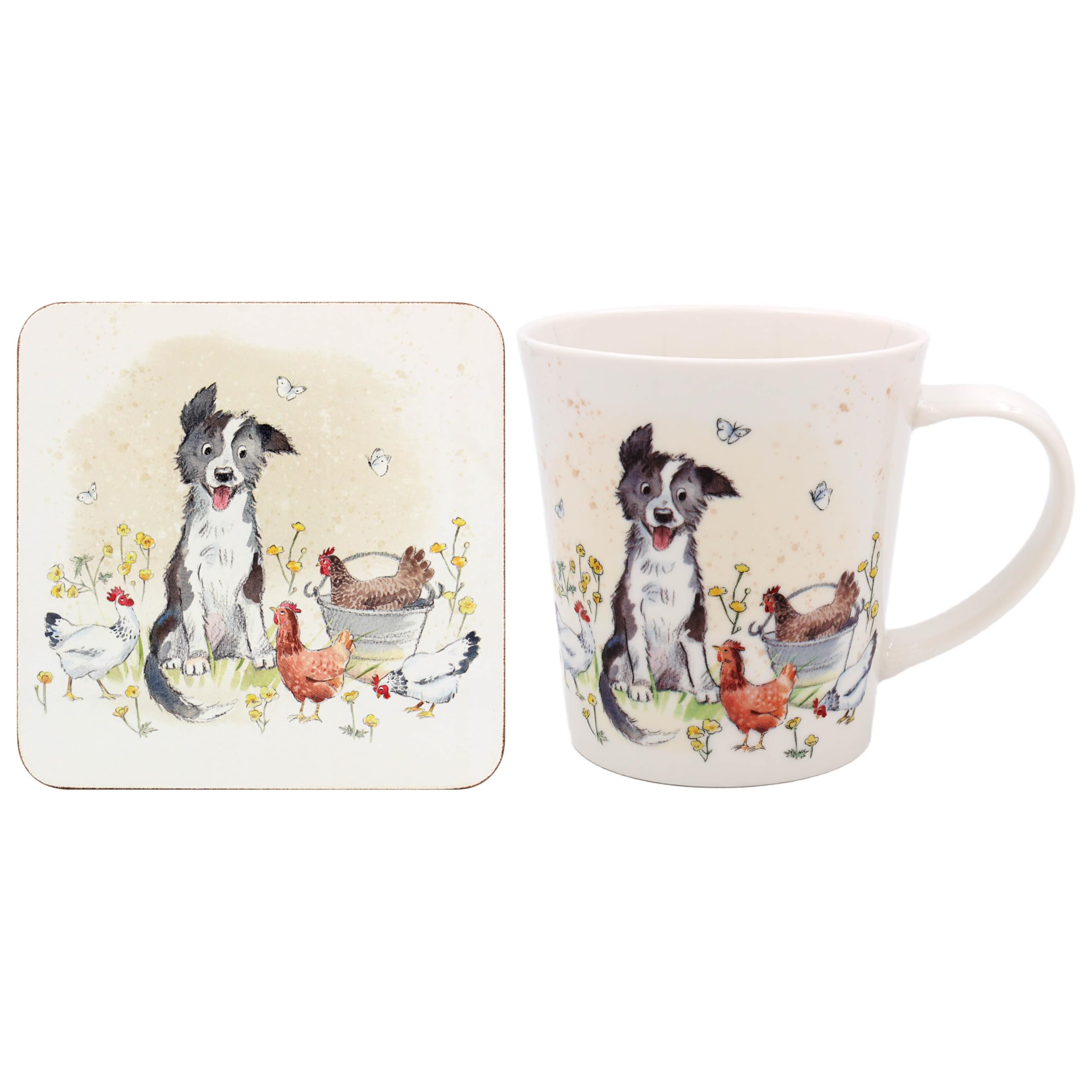 The Leonardo Collection Paper Shed Design Collie & Hens Mug with Coaster for Home & Kitchen | Stylish Ceramic Mugs for Tea & Coffee | Lovely Cup Set for Mens Gifts & Birthday Gifts for Women