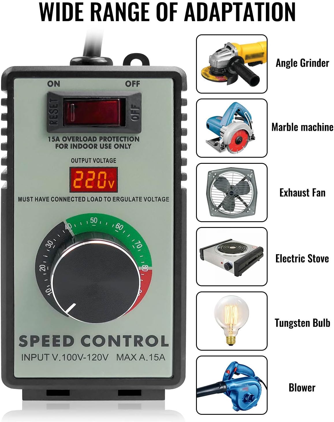 Variable Speed Controller AC Motor Speed Controller for Router Rheostat Exhaust Fan Drill, Electronic Voltage Regulator with Overload Protection and Voltage LED Display Screen, AC 100V 120V