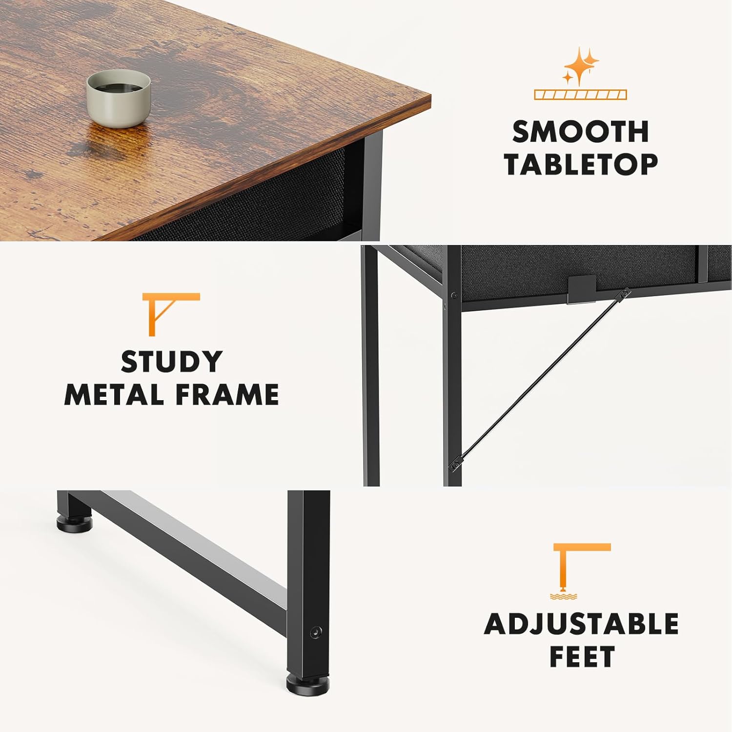 Sweetcrispy Computer Desk Small Home Office Bedroom Writing Study PC Tabke with Storage Space Fabric Side Bag Headphone Hook Metal Frame Adjustable Feet Modern Simple Style