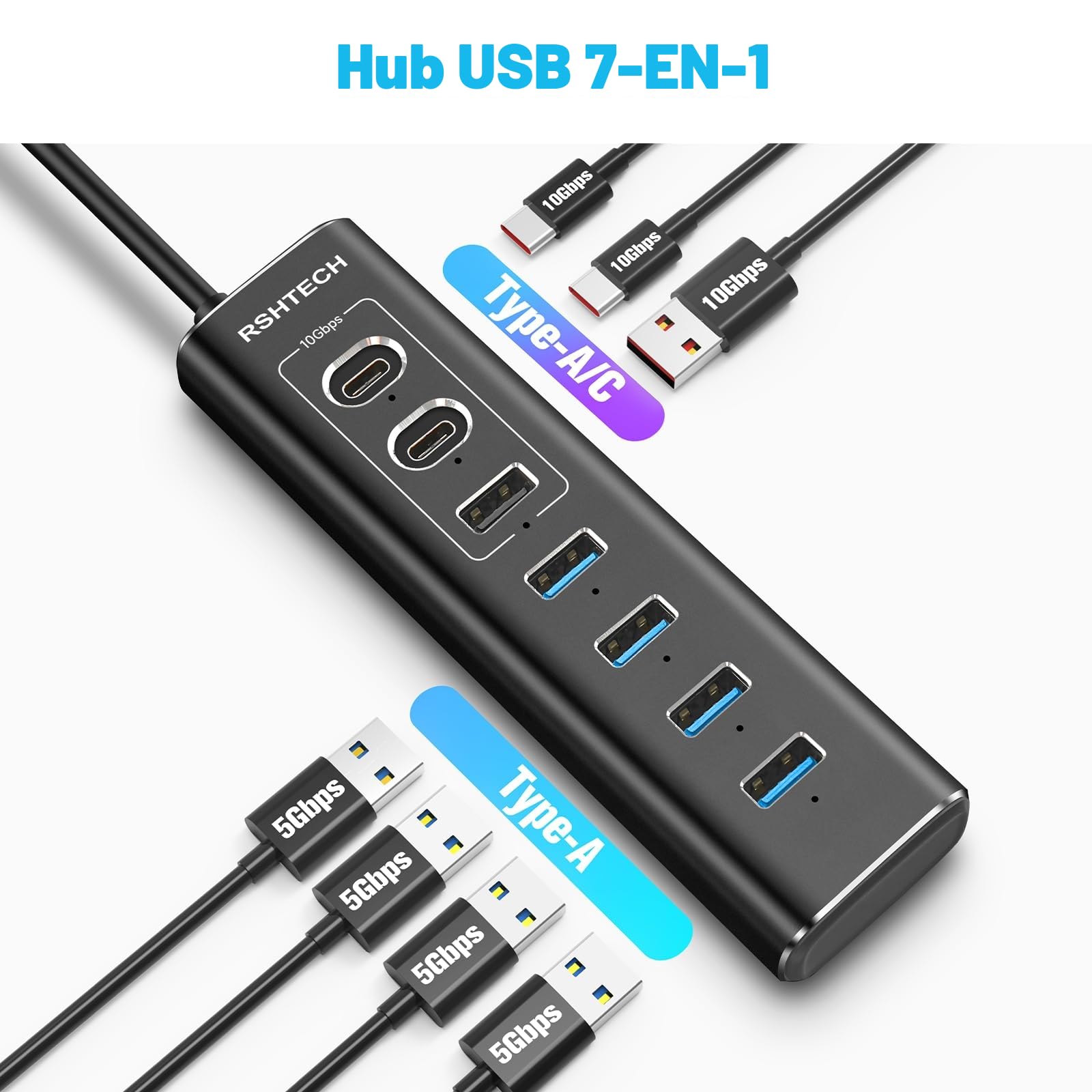 RSHTECH 7 Port Hub USB Alimenté, Aluminium Hub USB 3.2/USB C, RSH-A107C | avec 10Gbps USB-A 3.2, 2 USB-C 3.2, 4*5Gbps Port USB 3.0, 1m de Câble de Données, Alimentation 24W USB C Hub