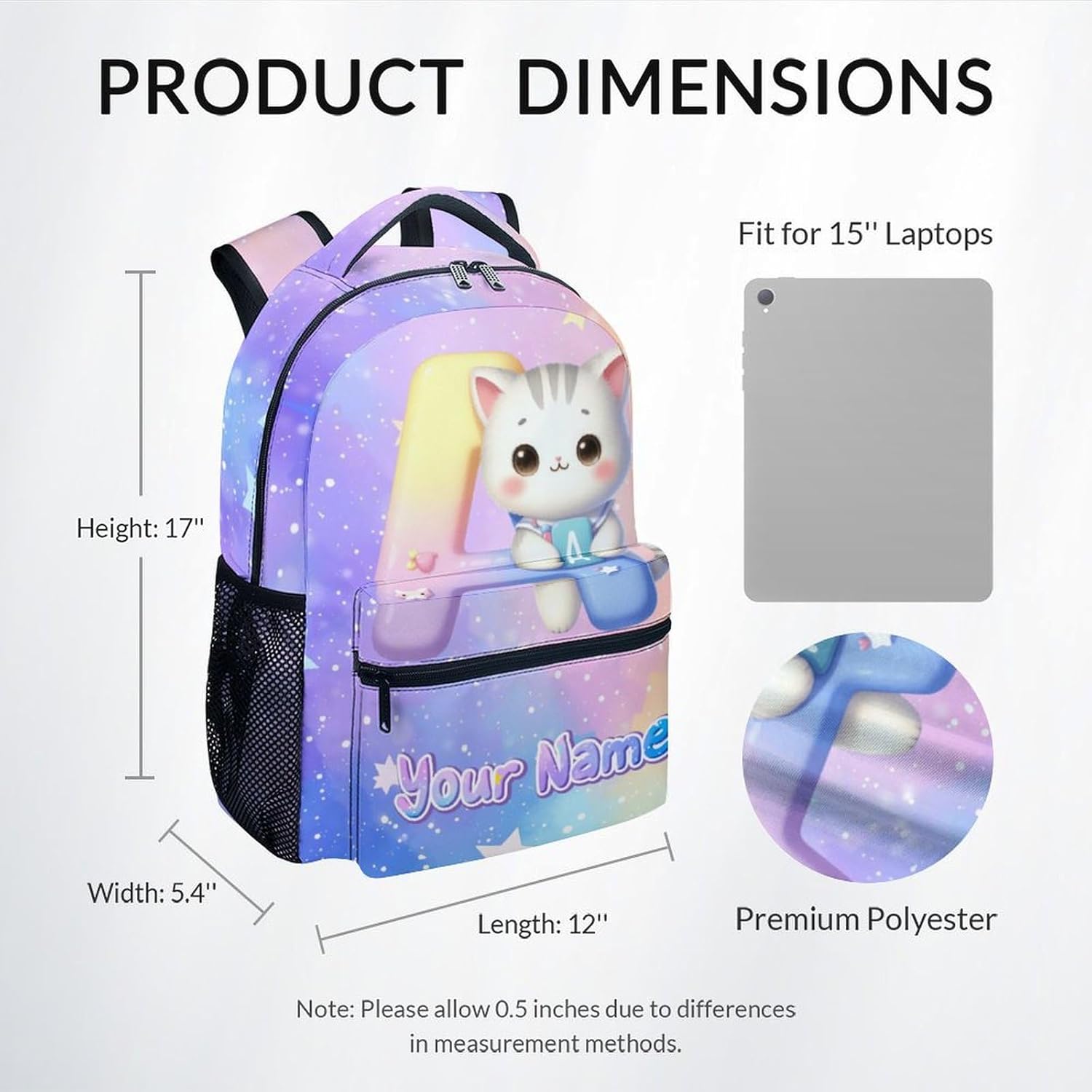 Kids Backpack for Girls, Personalized Cat Backpacks for School, Custom Initial Name Bookbag for Elementary Middle School, 17 Inch Cute Customized Monogram Bookbags