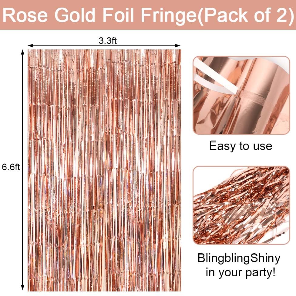 Image of Ecolley Birthday Party Decorations, Happy Birthday Banner, Rose Gold Fringe Curtain, Heart Star Foil Confetti Balloons, Sash Crown for Women Girls Birthdays Princess Party