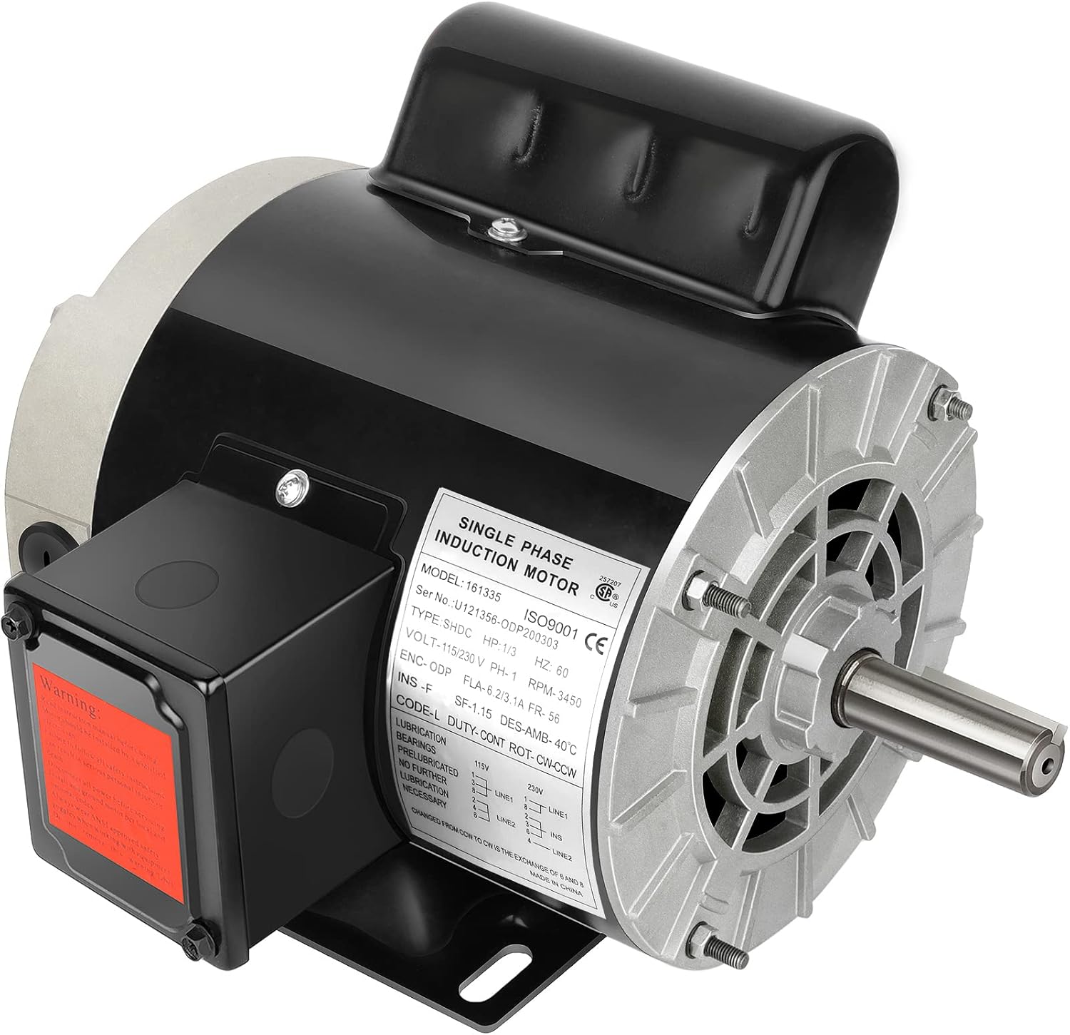 1/3HP Electric Motor General Purpose Single Phase Motor 3450RPM 115/230V ODP IP23 5/8" Shaft Diameter CW/CCW 1/3HP 3450 RPM